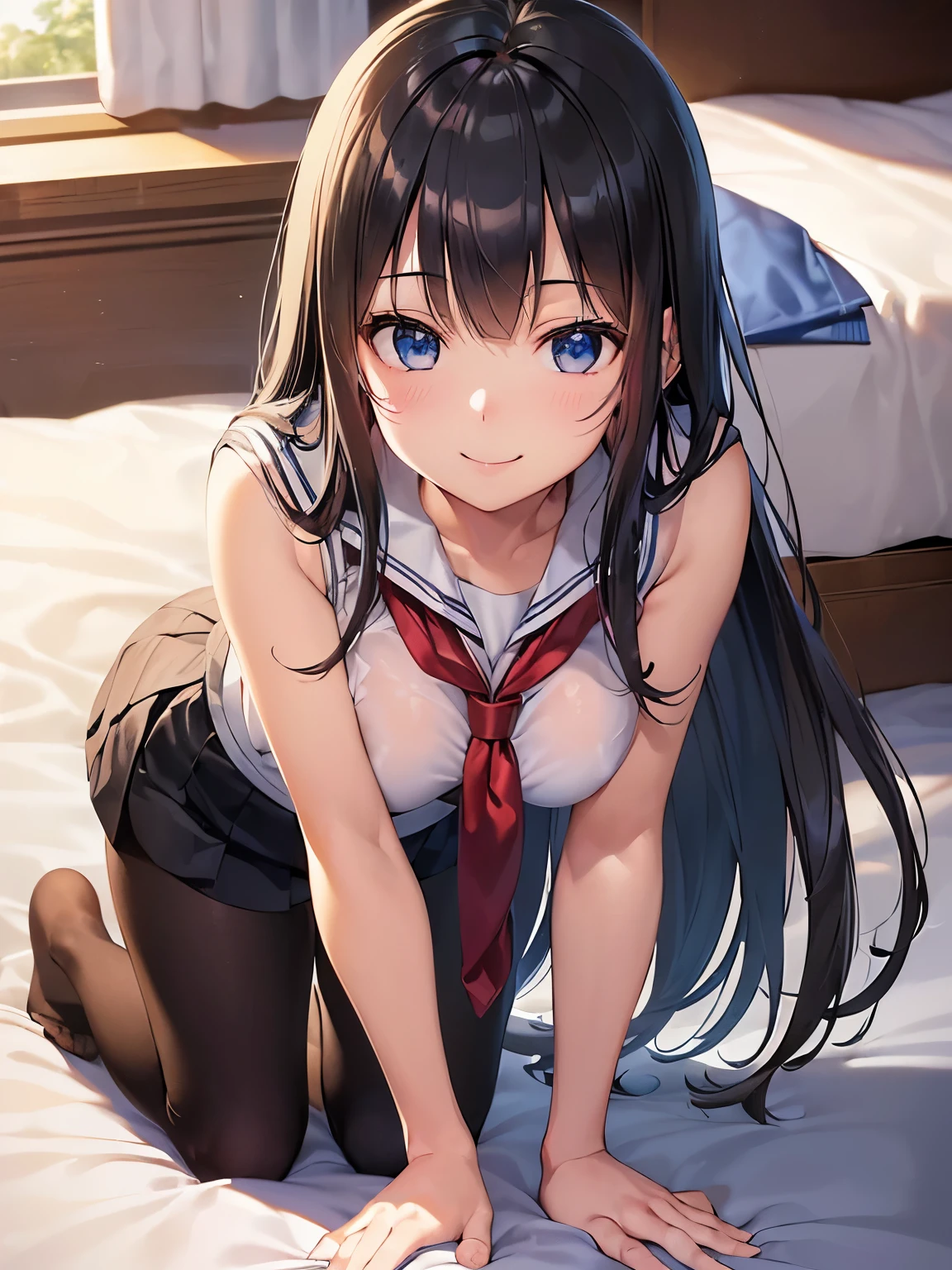 ((masutepiece, Best Quality)), ((hight resolution)), (photos realistic), Best Shadow, high detailing, Very detailed, (nice hand, Perfect hands), (Face Focus:1.2), ((1girl)), Beautiful Girl, 25 years old, blue eyes, (black long Hair:1.5), (normal breasts:1.3), (Smile:1.3), Glossy white skin, (view from below), (Very slender:1.3), (Cute face:1.3), (look at viewer:1.4), detailed facial features,droopy eyes, Crisp focus, perfect beautiful body and face, Perfectly focused, (all fours:1.4), Long bangs, (in the bedroom:1.4), (school costume:1.4), (enchanting smile:1.5), nsfw, creavage