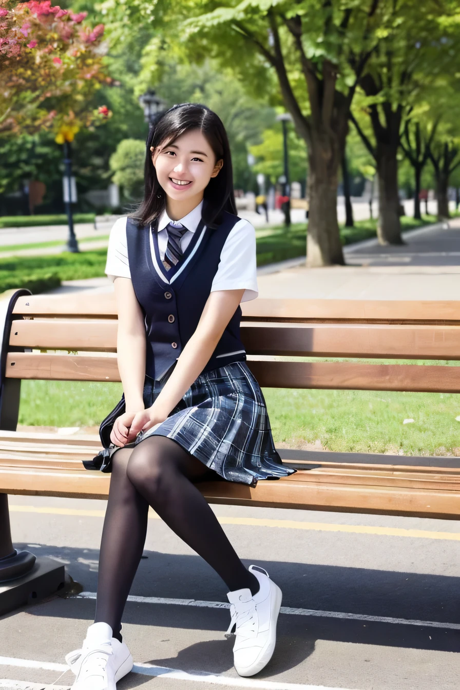 ((highest quality)), ((masterpiece)), (become familiar with), 公園のベンチに座る清楚で美しいwoman、woman'high uniform、Plaid knee-length skirt、black tights、sneakers、black hair、refreshing smile、smile showing teeth、full body photo、