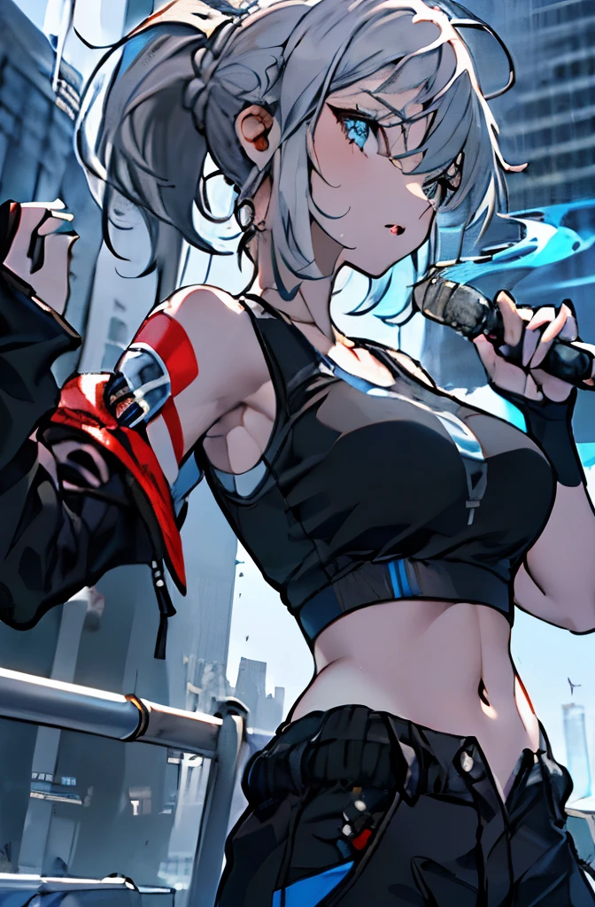 (absurds, great resolution, Hyper detailed), master masterpiece, best quality, beautiful, Fine Eye, Detailed Face, vibrant, Dark lines, swirl, vortex, spark, tomboy, tall, Caucasian, white hair with light blue highlights, huge high ponytail, attitude, baggy black cargo pants, fit, smoke coming off of body, honkai artstyle, hoyoverse, in the middle of a beautiful grey cityscape, slightly chubby, teen, sports bra, aloof, looks with anger and disgust, combat training