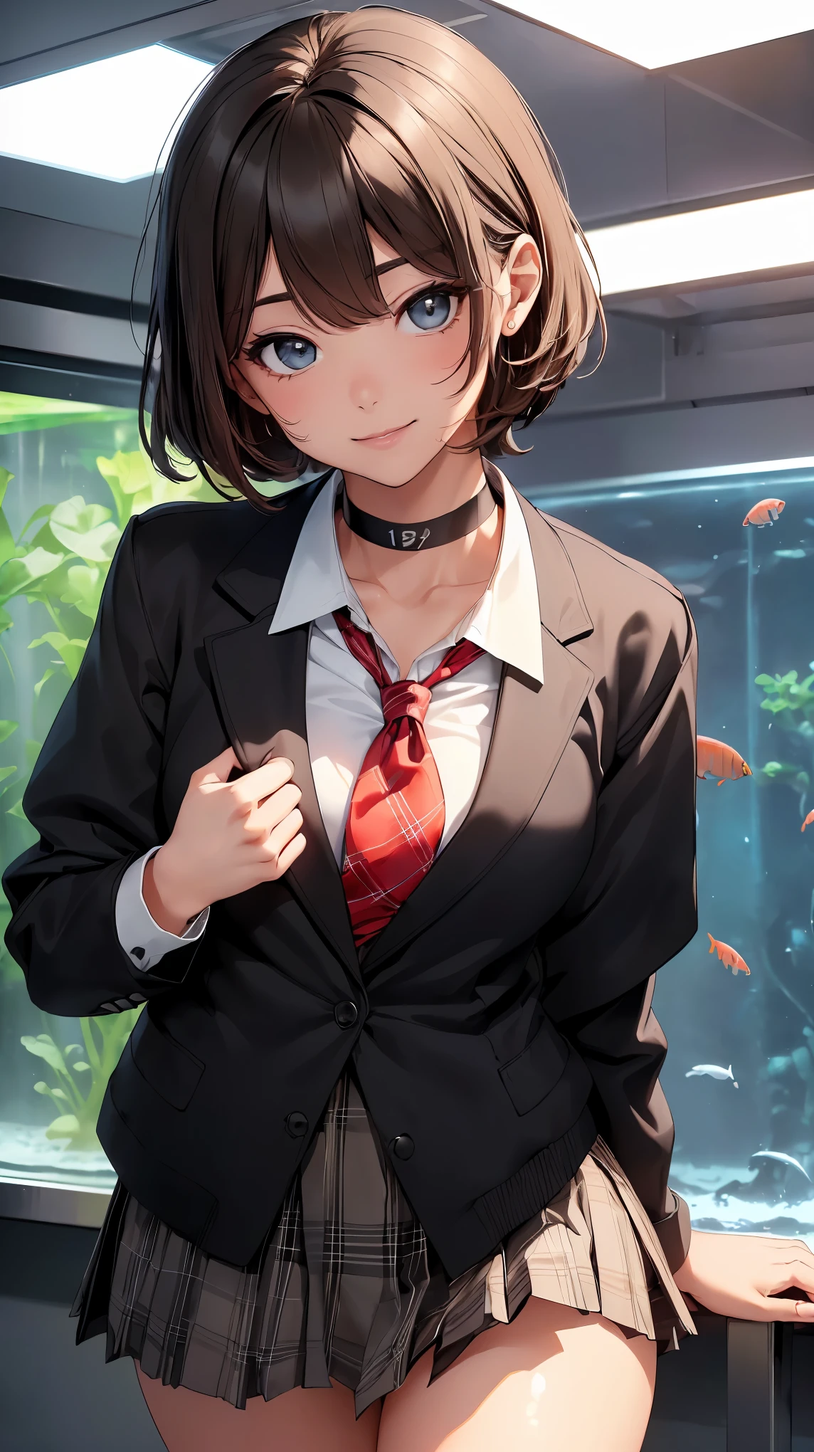 (8k, RAW photo, 最high quality, masterpiece:1.2), High-definition RAW color photo, Professional photo shoot, cinematic light, alone, (((young woman))), (detailed expression), (small face), (high detail skin:1.2), clavicle, cute face, beautiful appearance, long eyelashes, (light brown hair, shortcut, black eye), ((choker)), attractive breasts, (slim body shape:1.4), very detailed顔と肌の質感, fine eyes, double eyelid, (((Fun time, smile))), ((facing the front:1.2)), ((photo shootのためポーズをとる, sexy pose)), (((aquarium:1.5, In front of the huge aquarium))), Joy and excitement, (((red tie, high school uniform:1.2, black jacket, open jacket, white shirt:1.1, plaid skirt, seductive thighs)), beautiful skin, shiny skin, perfect fingers, five fingers, anatomically correct, background bokeh, high quality, surreal, bright colors, ((nikon, 135㎜, f/1.8, very detailed, photo shoot)),
