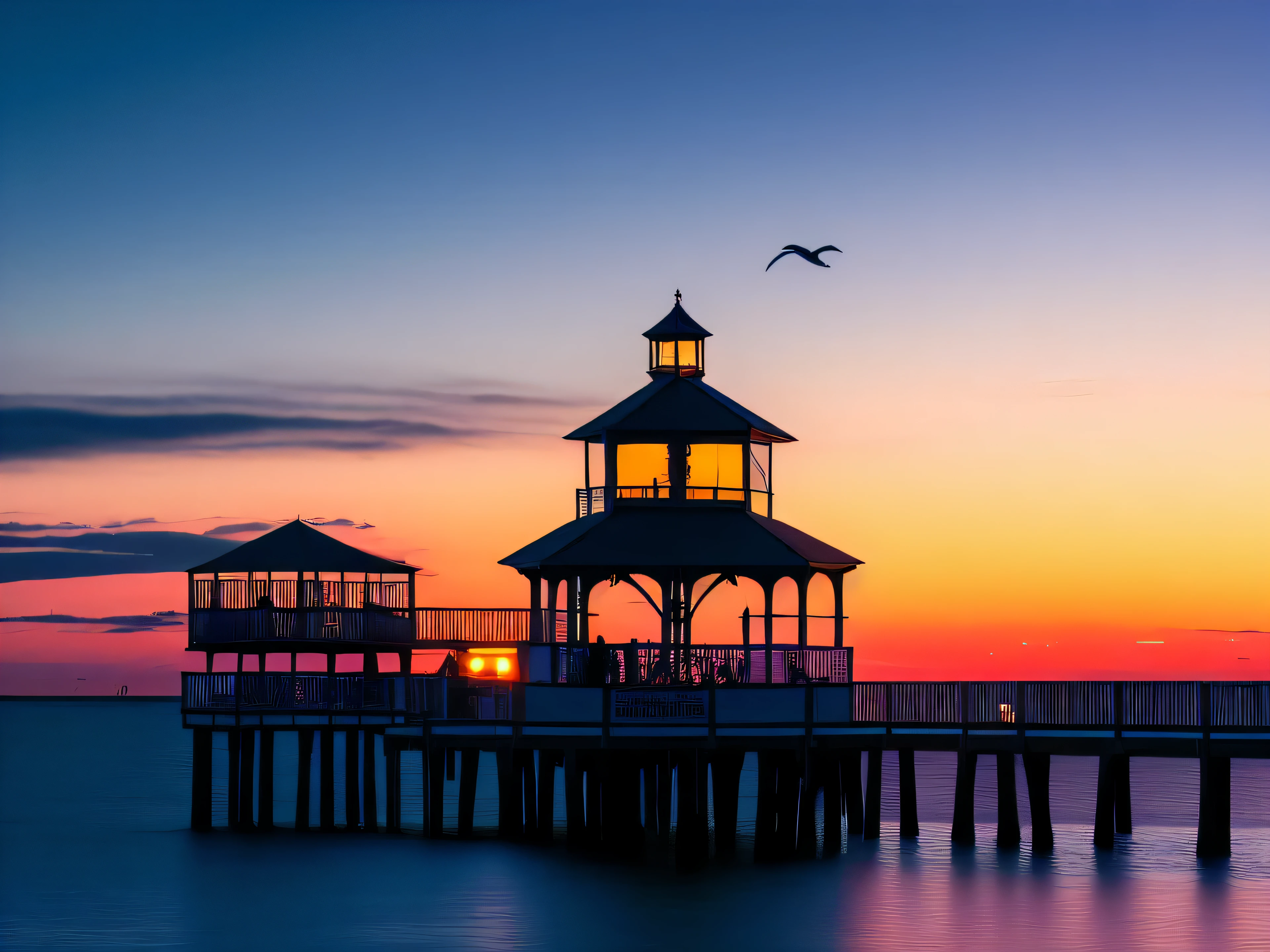 sunset over a pier with a gazebo and a boat in the water, morning sunrise, stock image, serene colors, sunrise colors, colorful sunset, sun setting, sunsetting color, dusk setting, early morning sunrise, by Carey Morris, vibrant scene, at sunrise, sunrise, sunset colors, night setting, fan favorite, by Niko Henrichon, pastel sunset, florida