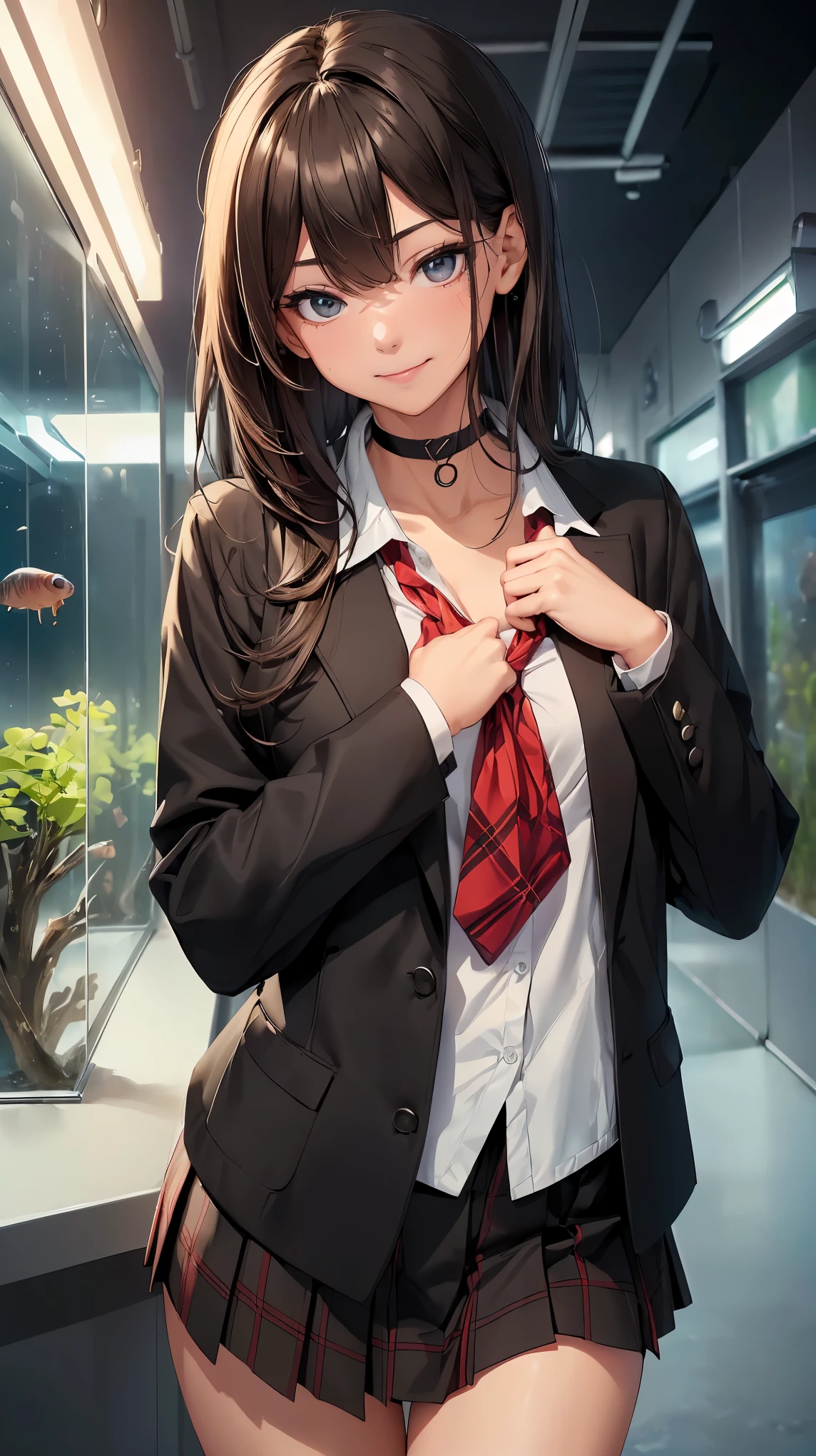 (8k, RAW photo, 最high quality, masterpiece:1.2), High-definition RAW color photo, Professional photo shoot, cinematic light, alone, (((young woman))), (detailed expression), (small face), (high detail skin:1.2), clavicle, cute face, beautiful appearance, long eyelashes, (light brown hair, shortcut, black eye), ((choker)), attractive breasts, (slim body shape:1.4), very detailed顔と肌の質感, fine eyes, double eyelid, (((Fun time, smile))), ((facing the front:1.2)), ((photo shootのためポーズをとる, sexy pose)), (((aquarium:1.5, In front of the huge aquarium))), Joy and excitement, (((red tie, high school uniform:1.2, black jacket, open jacket, white shirt:1.1, plaid skirt, seductive thighs)), beautiful skin, shiny skin, perfect fingers, five fingers, anatomically correct, background bokeh, high quality, surreal, bright colors, ((nikon, 135㎜, f/1.8, very detailed, photo shoot)),