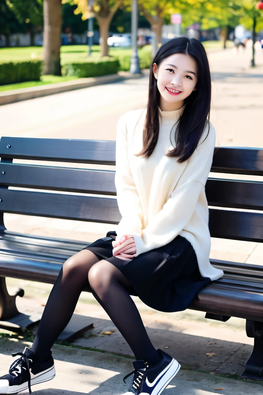 ((highest quality)), ((masterpiece)), A neat and beautiful woman sitting on a park bench、coat、long sleeve blouse、knee length skirt、black tights、sneakers、refreshing smile、smile showing teeth、full body photo、black hair、ear piercing、looking at camera、close up of feet、