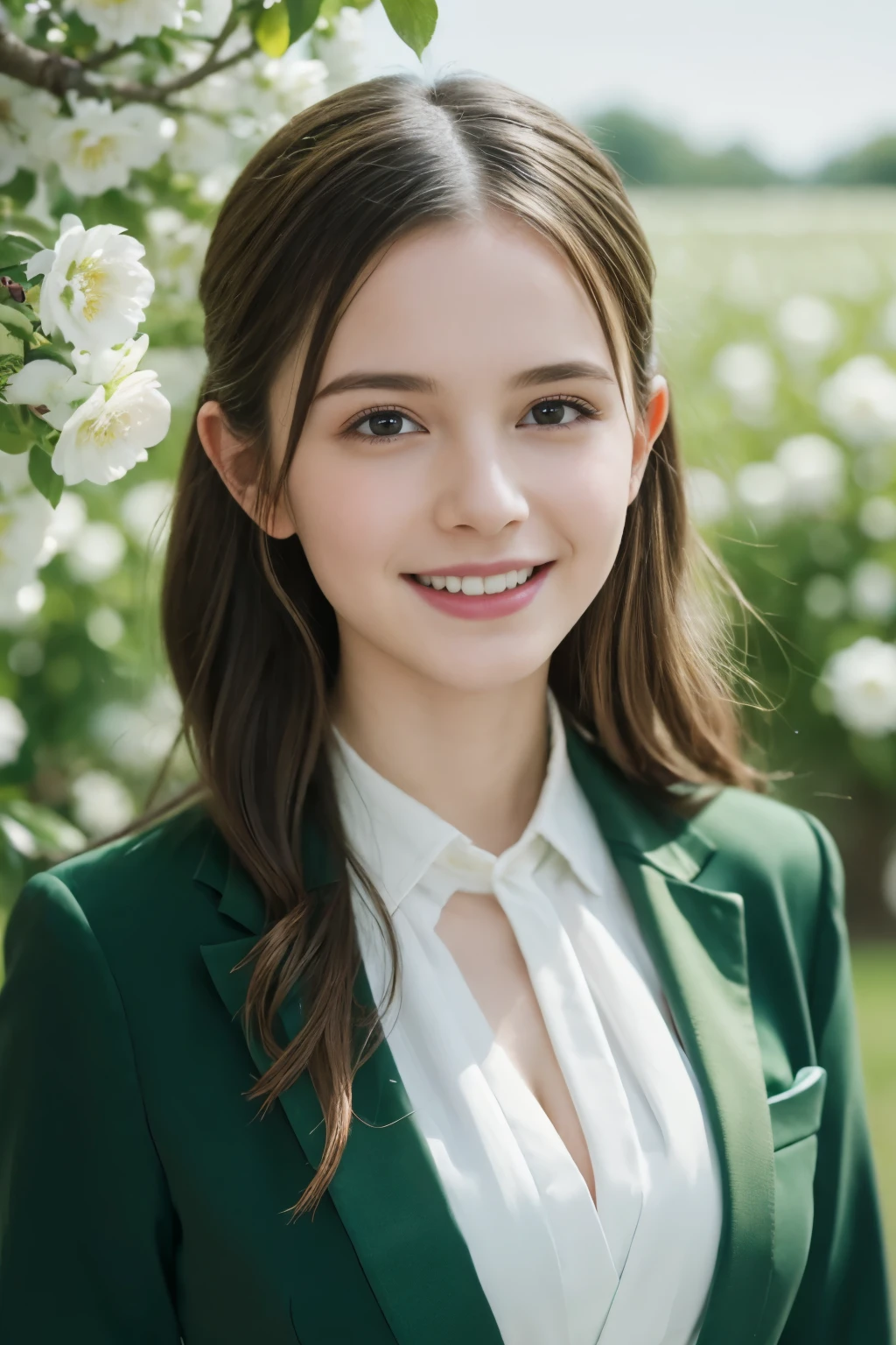 Masterpiece, Best quality, 8k, 18 ans, Photo brute, absurdes, Award-winning portrait, sourire, sourire, pure, french, elegant vibrant green suit, spring, orchard in bloom, laces, famous singer, cute