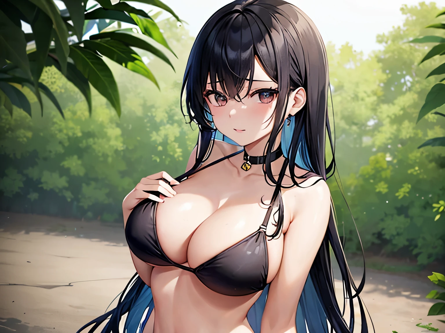 there is a woman in a black bikini posing for a picture, a picture inspired by Natasha Tan, tumblr, tachisme, sexy :8, sexy girl, sie boob, busty, cleavage, seductive lady, in a black betch bra, black bra, an asian woman, sexy look, with beautiful exotic, chest up bust shot