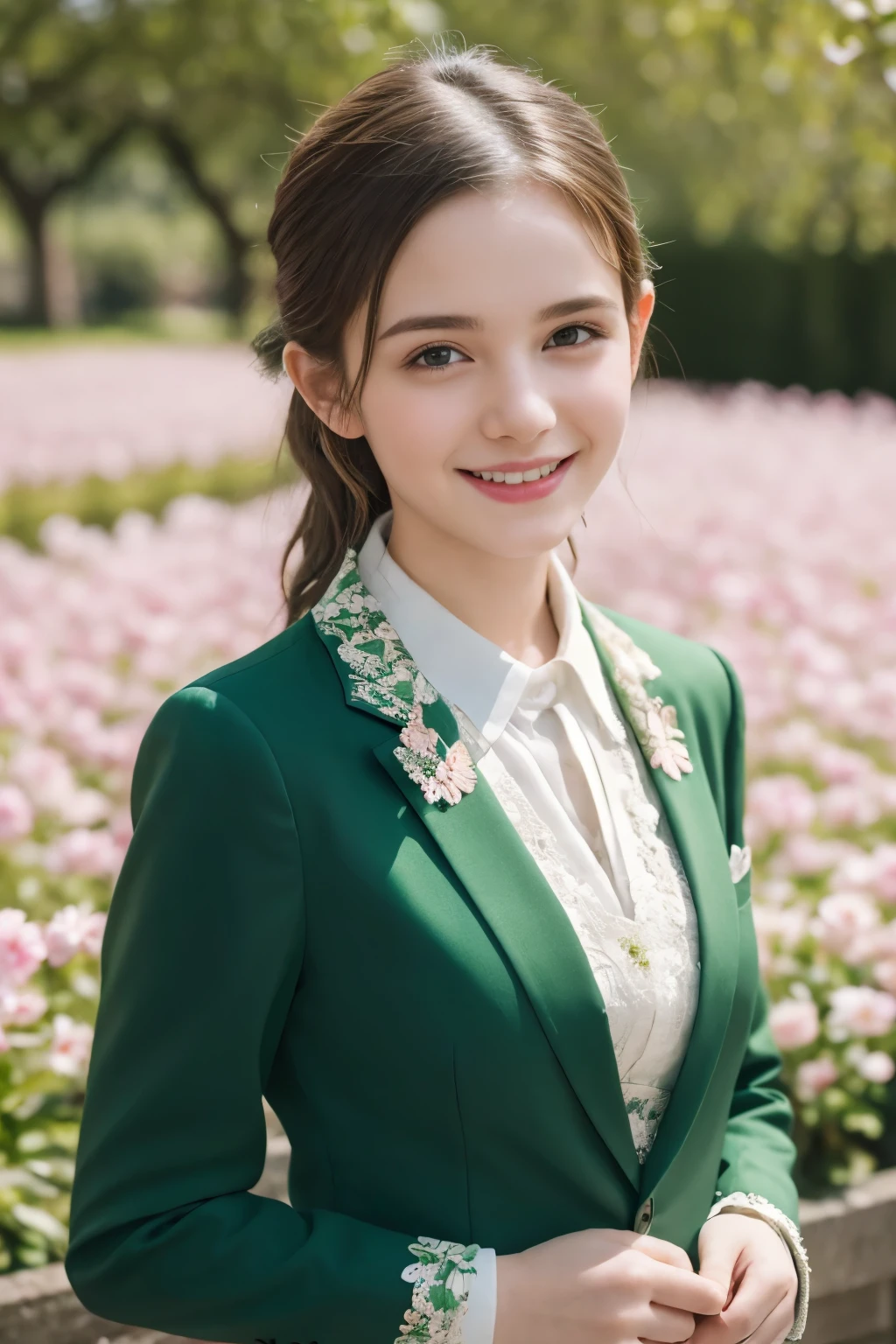 Masterpiece, Best quality, 8k, 18 ans, Photo brute, absurdes, Award-winning portrait, sourire, sourire, pure, french, elegant vibrant green suit, spring, orchard in bloom, laces, famous singer, cute