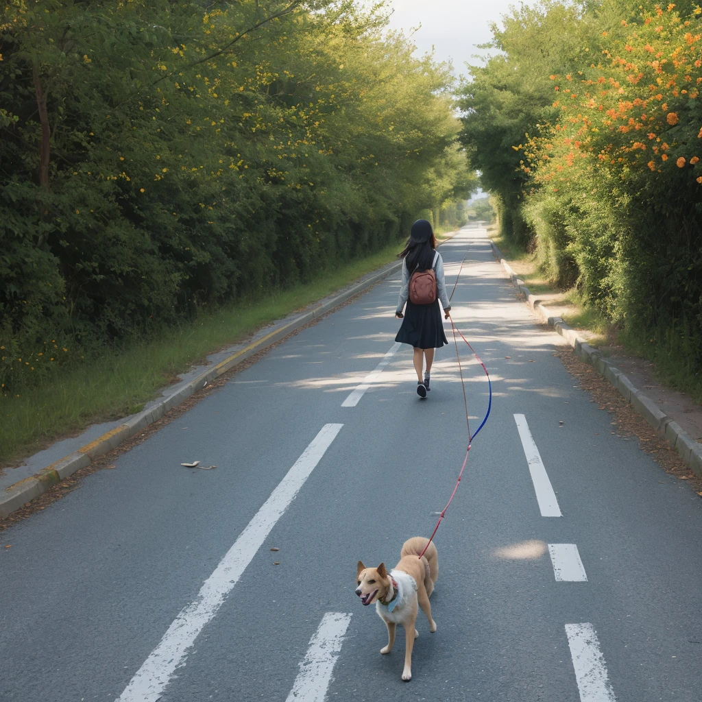 Walking a dog, a girl alone, a blooming road