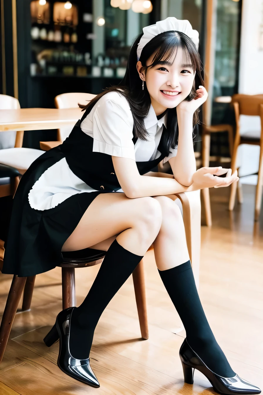 ((highest quality)), ((masterpiece)), ８Ｋ、 perfect face、A neat and beautiful woman sitting on a chair in a coffee shop、Maid clothes、black tights、pumps、black hair、ear piercing、refreshing smile、smile showing teeth、full body photo、looking at camera、close up of feet、hairstyle semi long
