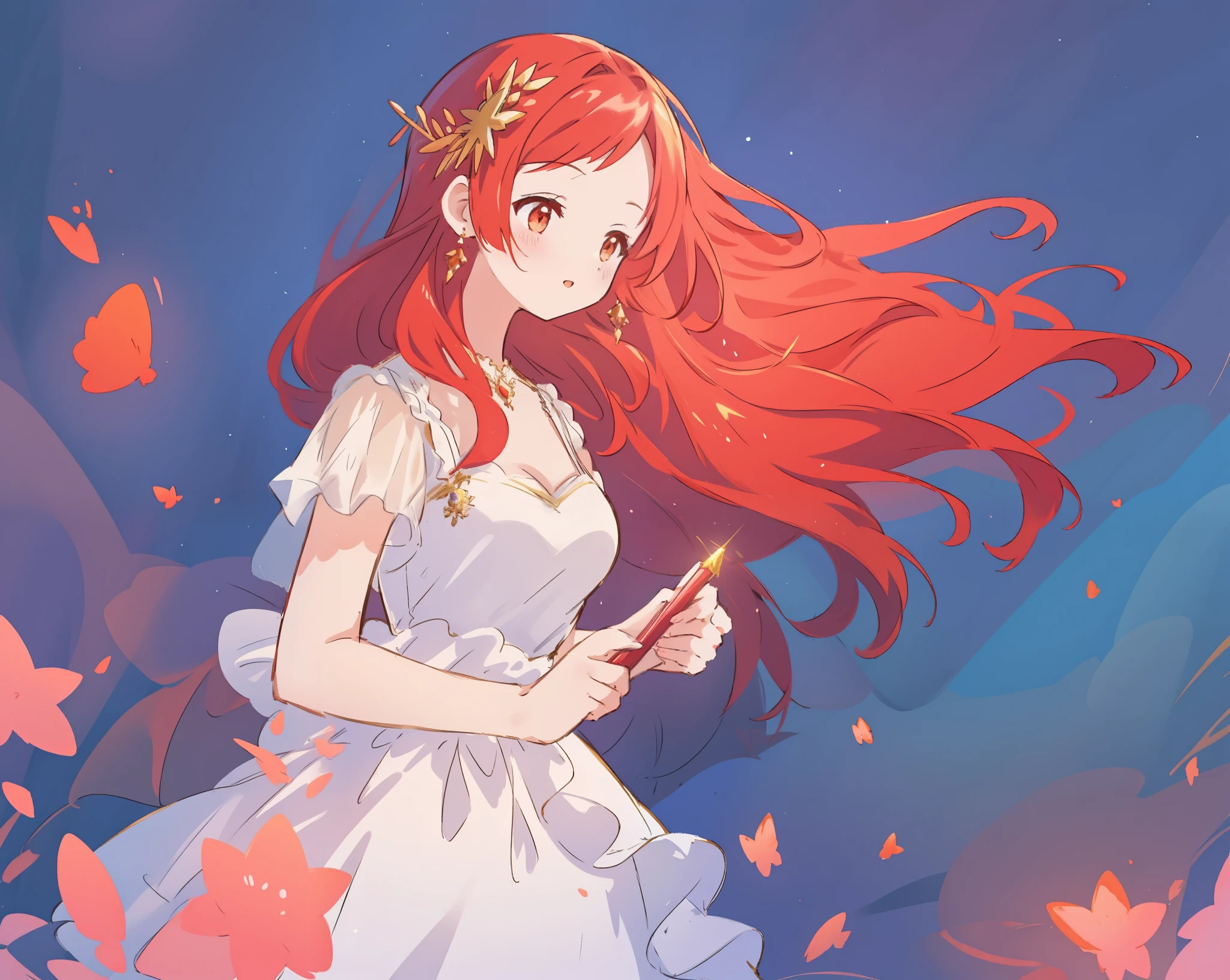 beautiful girl in white shimmering puffy layered ballgown, puffy layered tutu skirt, long flowing red hair, colorful fantasia background, watercolor illustration, glowing aura around her, glowing flowing hair, fantasia otherworldly landscape, beautiful, masterpiece, best quality, sharp focus, intricate details, highly detailed, 8k resolution, high resolution, fine detail, golden ratio, perfect composition, perfection, intricate dress details