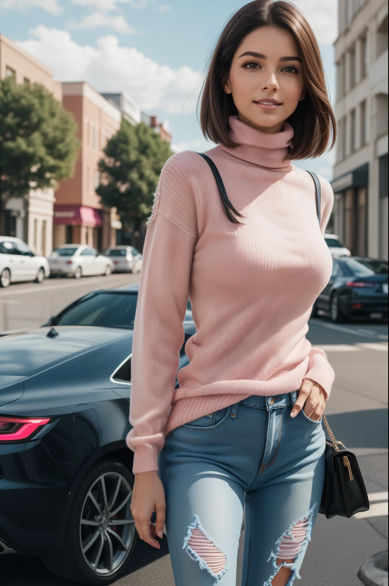 Foto hiperrealista en primer plano de Isabela Merced , masterpiece, best quality, (photorealistic:1.4), full body, (tight pink luxury turtleneck sweater:1.2) and (blue ripped jeans:1.2), cinematic light, beautiful woman, skinny, large breasts:1.3, wolf cut hair, detailed face, smile, photo taken from a distance