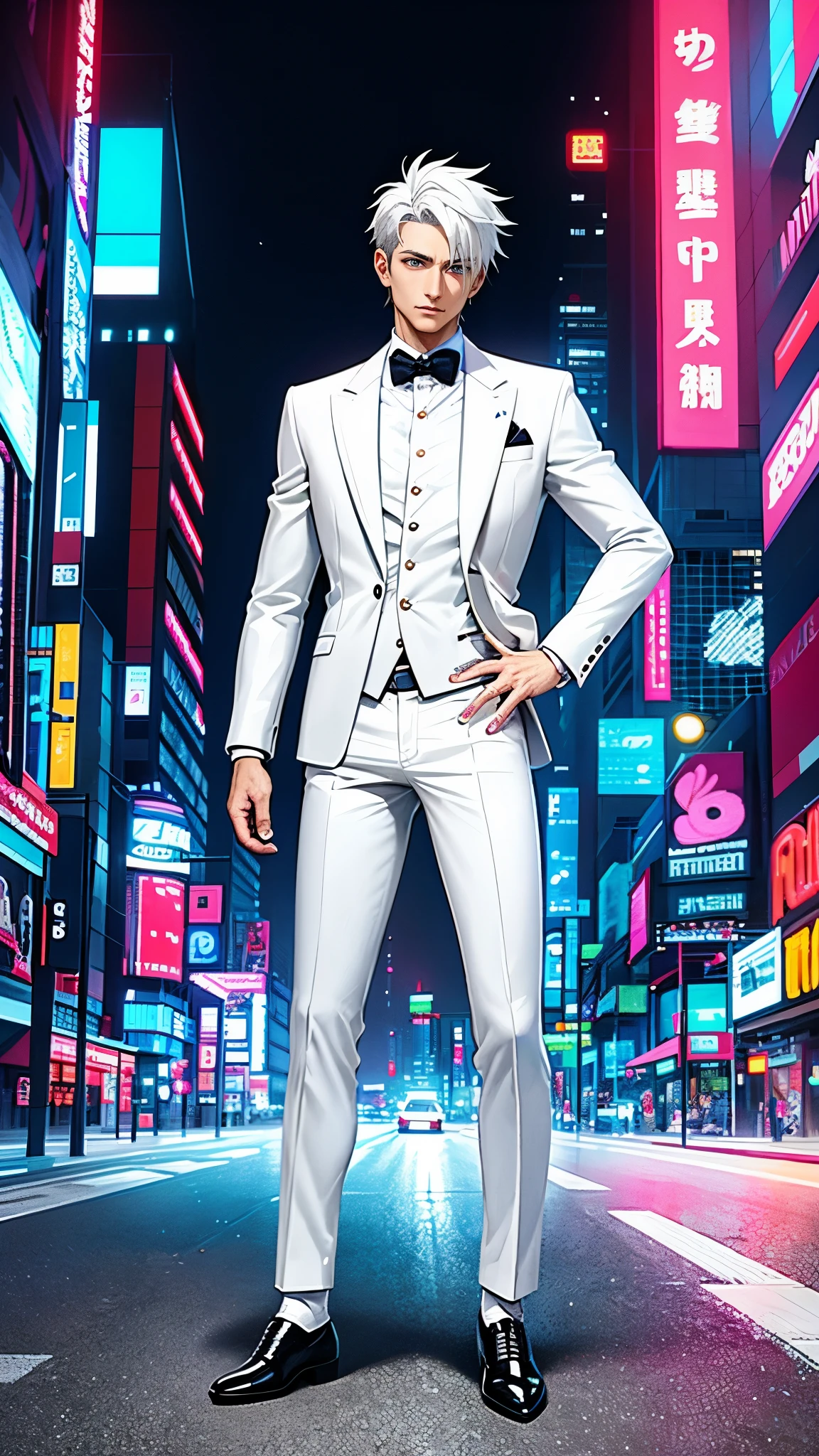 ((neon cyberpunk night city background:1.5)),(((masterpiece))),(((best quality))),((ultra-detailed)), (highly detailed CG illustration), ((an extremely delicate and beautiful)),((City of glittering neon lights:1.5)), ((elegant white suit:1.5)),((wearing white leather shoes:1.5)),1man, solo, a young man with a confident expression on his face,((very slim:1.5)),He has short and stylish black hair and a clean-shaven face,striking a cool pose, His skin tone is a warm, tan color, approximating Pantone 15-1327 TCX, The suit is a crisp, pure white, color number FFFFFF, He wears a white dress shirt, color number FFFFFF, with the top on undone. His slim-fit trousers match the suit jacket in white, A sleek black leather belt, color number 000000, cinches the trousers at the waist, detailed anime soft face, cool anime face, flat anime style shading, face anime portrait, made with anime painter studio, semirealistic anime style, perfect anime face, extremely cool anime man face, high detailed face anime, pretty anime face, semi realistic anime, detailed anime face