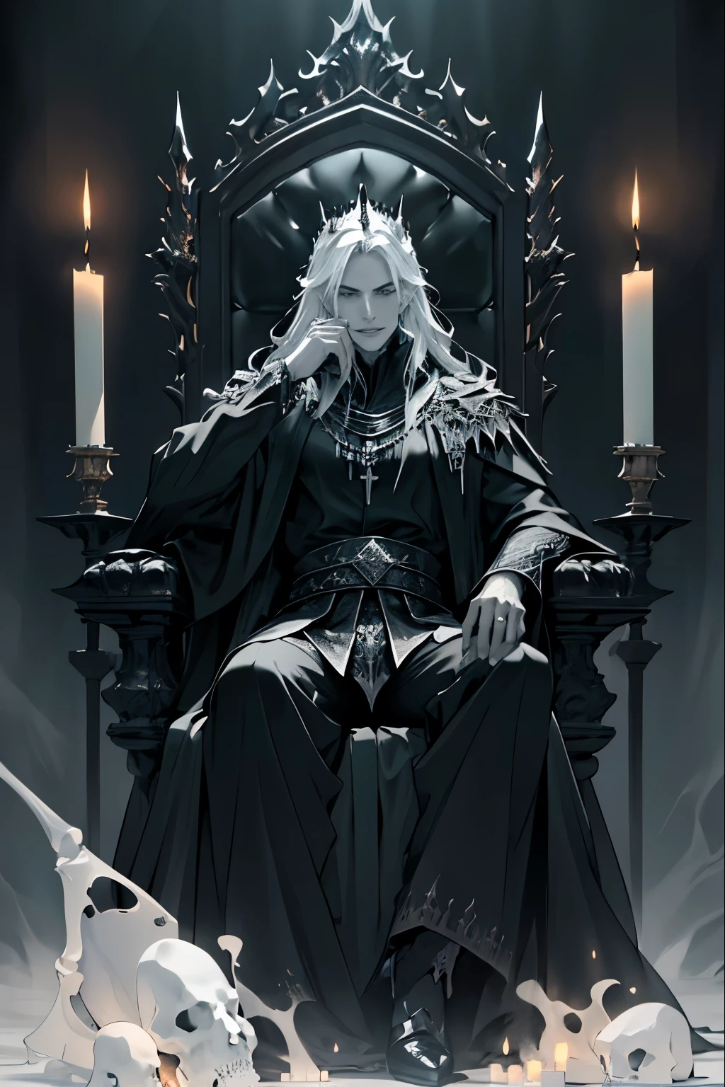 (best quality,4k,8k,highres,masterpiece:1.2),ultra-detailed,(realistic,photorealistic,photorealism:1. 37),male,young Koschei the Immortal sits on a throne of bones,[Slavic folklore],sinister look,tense expression,long black hair,ancient and powerful,timeless beauty,dark aura,dark shadows,melting wax candles,misty atmosphere,flickering candlelight,gloomy background,ominous atmosphere,dim lighting,gothic entourage, detailed bone throne,complex bone structure,undead king,cruel ruler,deathly pale skin,charred bones,fearsome presence,regal posture,majestic appearance,eerie aura,supernatural abilities,greyish colour palette,hint of eerie green,mystical symbols,hauntingly beautiful.