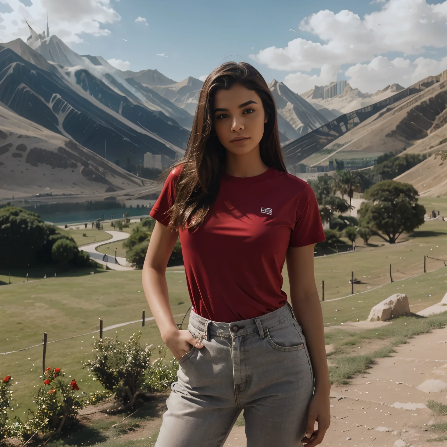 Red shirt girl background burj khalifa