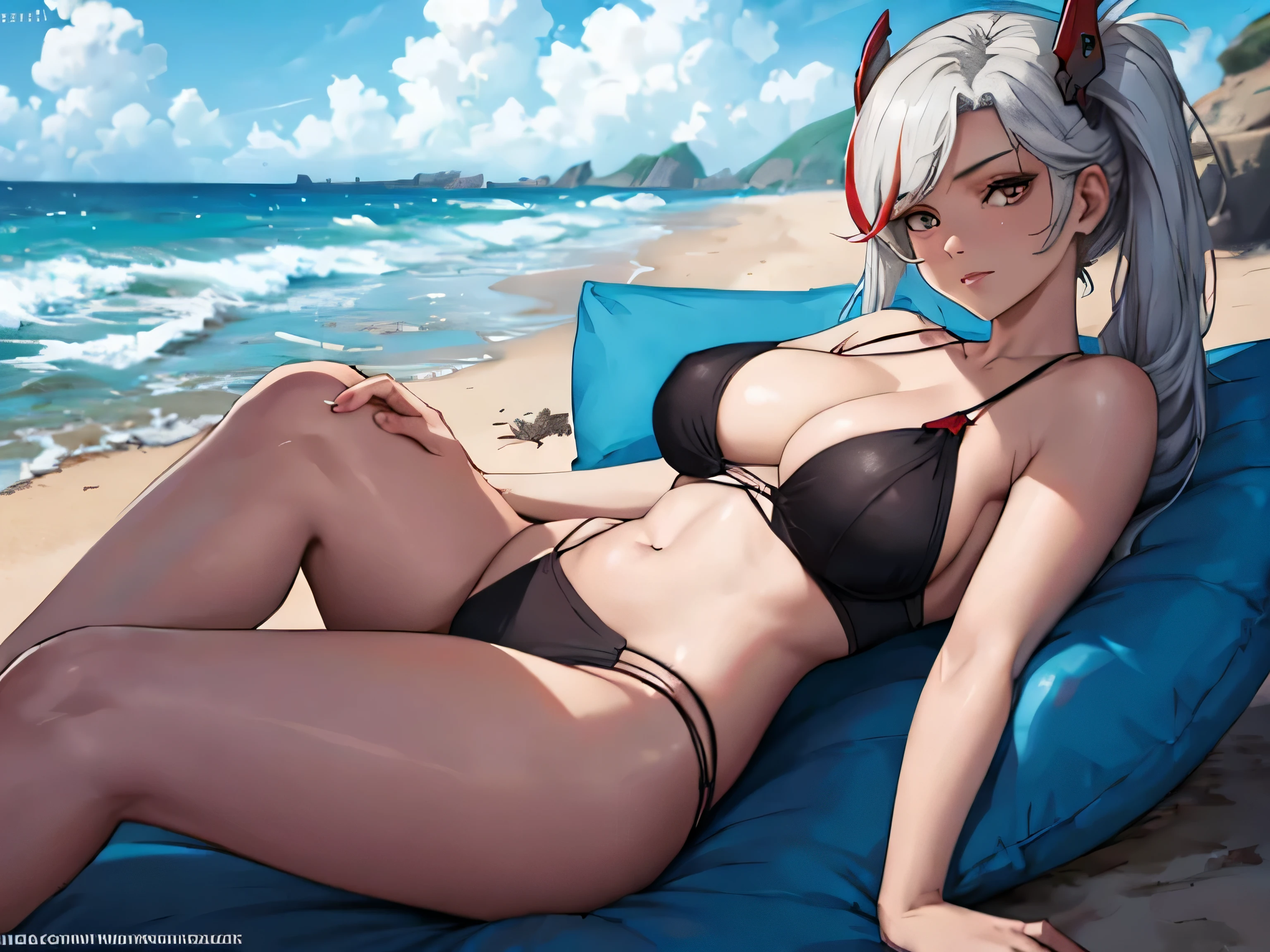 PrinzV4;
This image captures a striking cartoon depiction of a woman lying on a beach, her posture relaxed and at ease under the expansive blue sky that stretches out above her. The woman is dressed in a garment that suggests a sense of intimacy and delicacy, reminiscent of undergarments or lingerie, potentially including items like a brassiere. The colors in the scene are vivid and distinct, with the dominant tones of white, blue, and red painting a picture that is both eye-catching and thematic. The beach setting is evident not just from the sandy ground that the woman rests upon, but also from the outdoor ambiance that the image exudes, suggesting the serenity and openness of a coastal landscape.;
The character herself could be described as belonging to the anime genre, given the stylization of her features and the overall aesthetic of the artwork. This suggests a narrative or thematic depth that goes beyond a simple beach scene, potentially hinting at a story or character background that viewers might find intriguing. The sky is a significant element in the composition, hinting at a time of day that is bright yet not overwhelming, possibly the early hours of the afternoon where the sun bathes everything in a gentle light.;
Despite the serene setting, the image carries an adult theme, suggested by the choice of garment and the woman's pose, which speaks to a more mature audience. The artwork does not shy away from evoking a sense of sensuality, yet it manages to do so without crossing into explicit territory, maintaining a balance that keeps the focus on the artistic and thematic elements of the scene. This careful balance makes the image a compelling piece for those who appreciate not just the beauty of the artwork but also the subtleties of its thematic and narrative implications.;