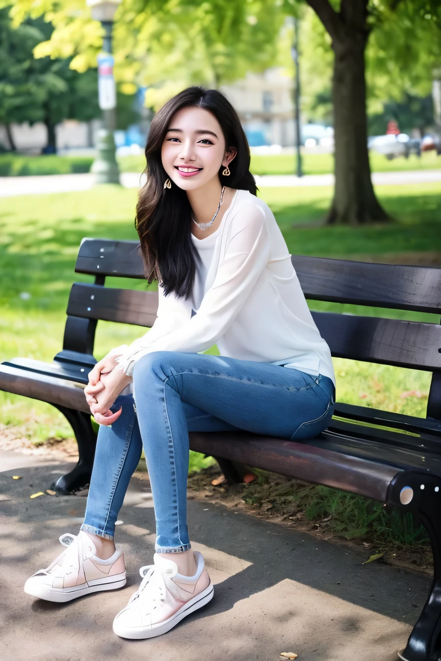 ((highest quality)), ((masterpiece)), A neat and beautiful woman sitting on a park bench、long sleeve blouse、skinny denim、sneakers、black hair、smile、smile showing teeth、full body photo、ear piercing