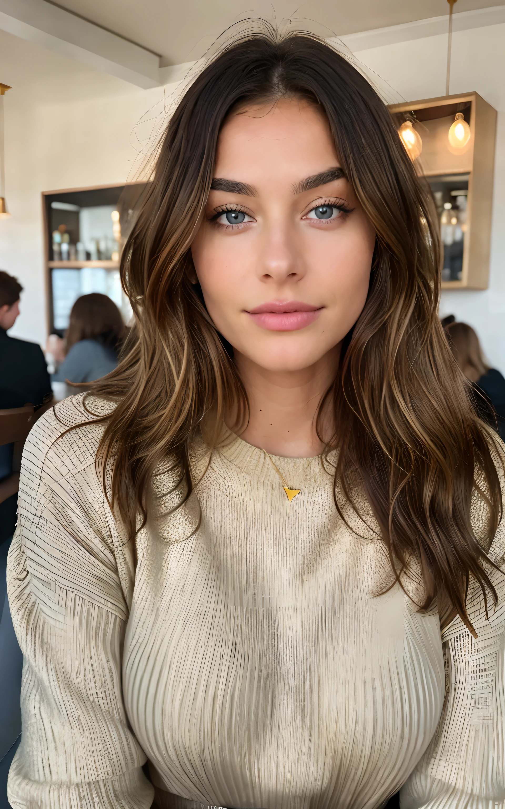 Beautiful brunette with blonde highlights wearing a gold sweater,  (in a cafe drinking core ), altamente detalhado, 22 anos de idade, cara de sorriso, cabelos ondulados naturais, olhos azuis, high resolution, obra de arte, melhor qualidade, detalhes altos e intrincados, altamente detalhado, sharp focus, pele detalhada, realistic skin textura, textura, olhos detalhados, profissional, 4k, sorriso charmoso, filmado em Canon, 85mm, profundidade superficial de campo, Cores Kodak Vision, corpo em forma perfeita , extremamente detalhado, fotografia_\(ultra\), fotorrealista, Realista, Post-processing, maximum details, rugosidade, Vida real, ultra realistic, fotorrealismo, fotografia, 8k hd, fotografia, peituda