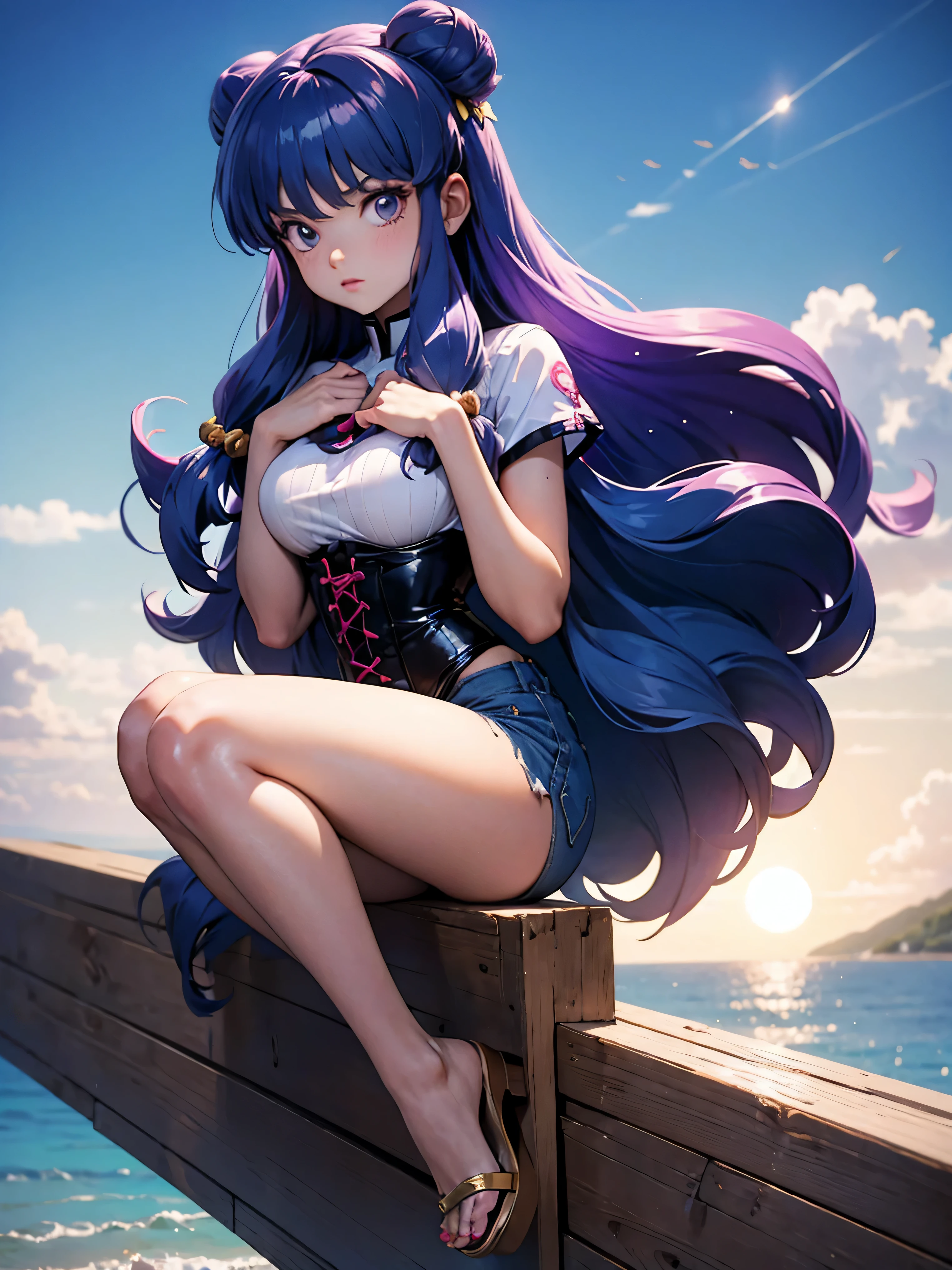 Anime cabelo purple com short jeans e corset rosa pink, 16 anos, corpo bonito, seios grandes, com as hands on chest, hands on chest, Garota sexy, purple cabelo, mechas de cabelo laterais, mechas de cabelo na lateral do rosto, beautiful lighting, sombras suaves, olhos azuis, pernas bonitas, cabelo longo purple, estilo anime, personagem Shampoo Chan, Autora Rumiko Takahashi, Baseado em obra de Rumiko Takahashi, Anime Ranma 1/ 2, decote sexy, quadril robusto, corpo inteiro, corpo inteiro, busto grande, garota jovem com corpo belo e bonito, sandals on his feet, garota 16 anos jovem, usando short jeans e corset pink rosa brilhante, garota anime, estilo anime, beautiful feet in sandals, 45° viewing angle, ao ar livre, peito grande, seios bonitos, cabelo purple, sandals on the feet, pernas bonitas, sexy