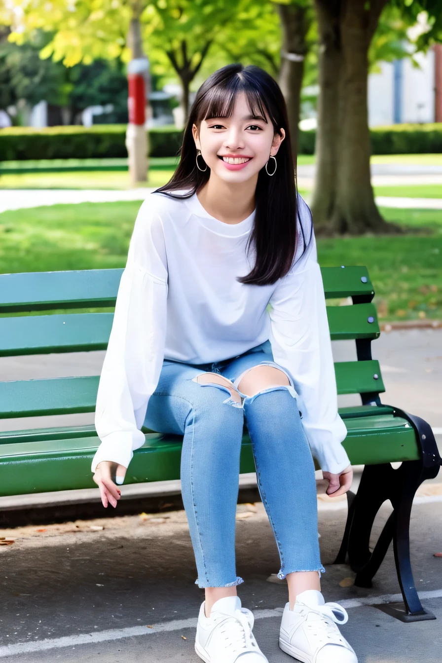 ((highest quality)), ((masterpiece)), (become familiar with), perfect face、((highest quality)), A neat and beautiful woman sitting on a park bench、long sleeve blouse、skinny denim、sneakers、socks slightly visible through shoes、black hair、smile、smile showing teeth、full body photo、ear piercing