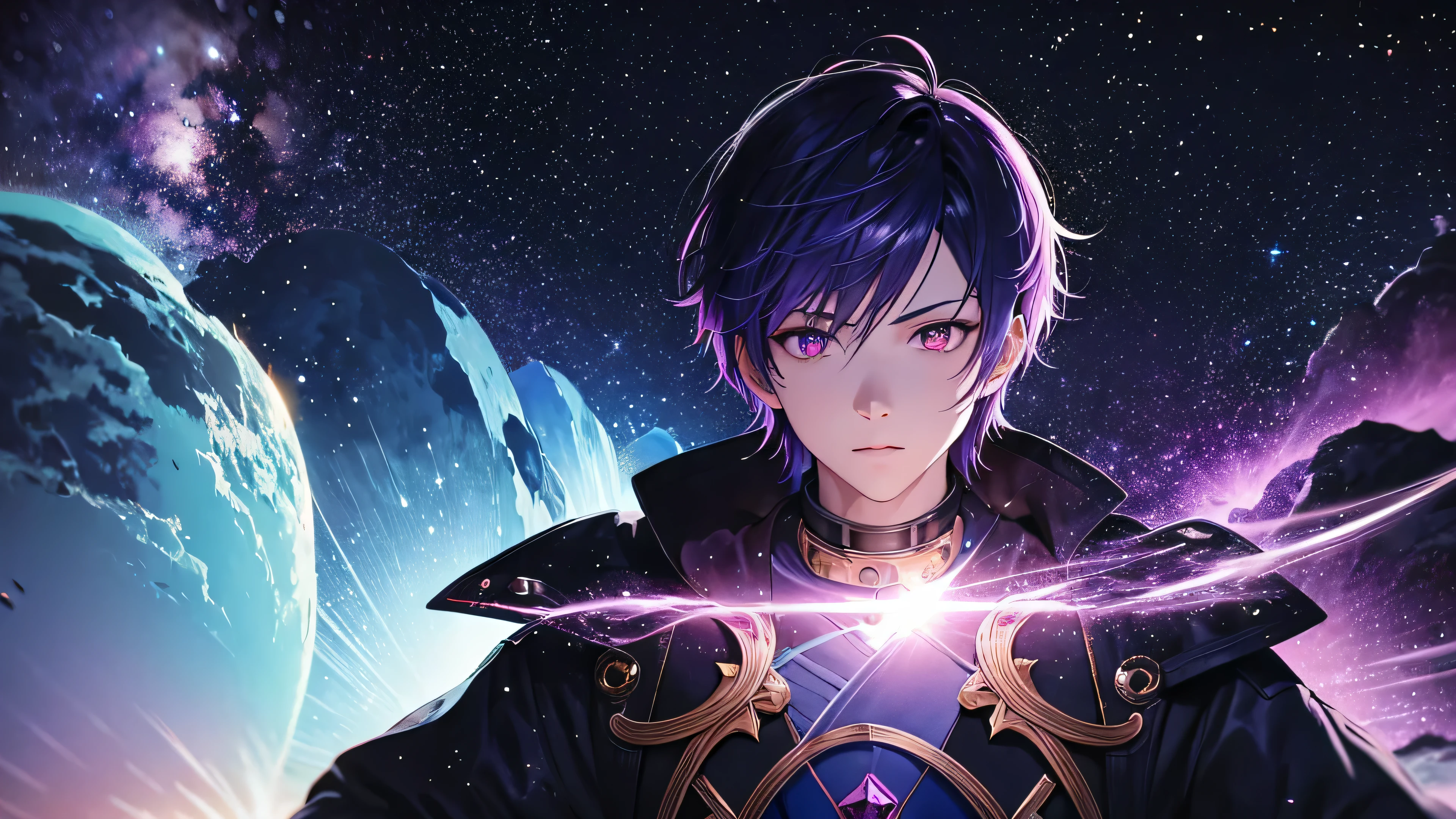 anime guy, 1guy, god of the galaxies, galaxy themed character, black and purple hair, multicolored hair, 2 toned hair, gradient hair, stars, nebula, rings, necklace, bracelets, coat, baggy pants, tall, mature, older, short hair, floating in space background, asteroid, holding magical stone staff, (masterpiece), (Best Quality:1.1),(Ultra-detailed),Best Illustration,finely , detail, ,Clear,4K, raytracing, clear, realistic,