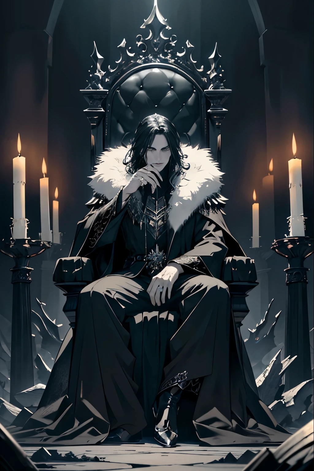 (best quality,4k,8k,highres,masterpiece:1.2),ultra-detailed,(realistic,photorealistic,photorealism:1. 37),male,young Koschei the Immortal sits on a throne of bones,[Slavic folklore],sinister look,tense expression,long black hair,ancient and powerful,timeless beauty,dark aura,dark shadows,melting wax candles,misty atmosphere,flickering candlelight,gloomy background,ominous atmosphere,dim lighting,gothic entourage, detailed bone throne,complex bone structure,undead king,cruel ruler,deathly pale skin,charred bones,fearsome presence,regal posture,majestic appearance,eerie aura,supernatural abilities,greyish colour palette,hint of eerie green,mystical symbols,hauntingly beautiful.