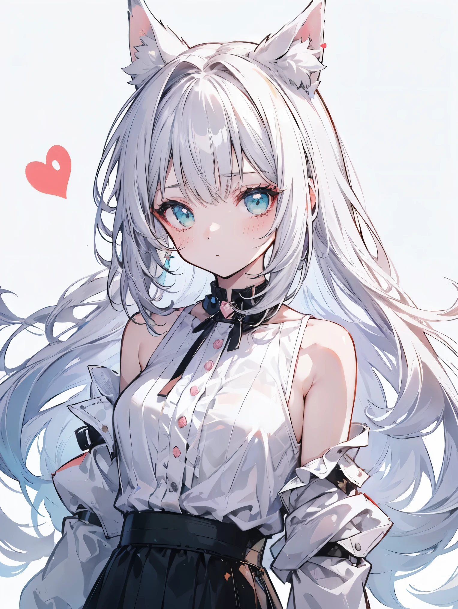 1 girl, animal_ear_fluff, animal_ears, stripe, only_shoulder, for that_hair, blush, chest, cin_ears, closed_boca, Eyebrow_appear_door_hair, green_eye, gray_Background Story, hair_meanwhile_eye, Khalil_(Princess_Connecting!), length_hair, looking for_in_viewer, Moderate_chest, colorful_hair, shirt, simple_Background Story, sleeve, sleeve_shirt, 一人in, whole body, white_Background Story, white_shirt,