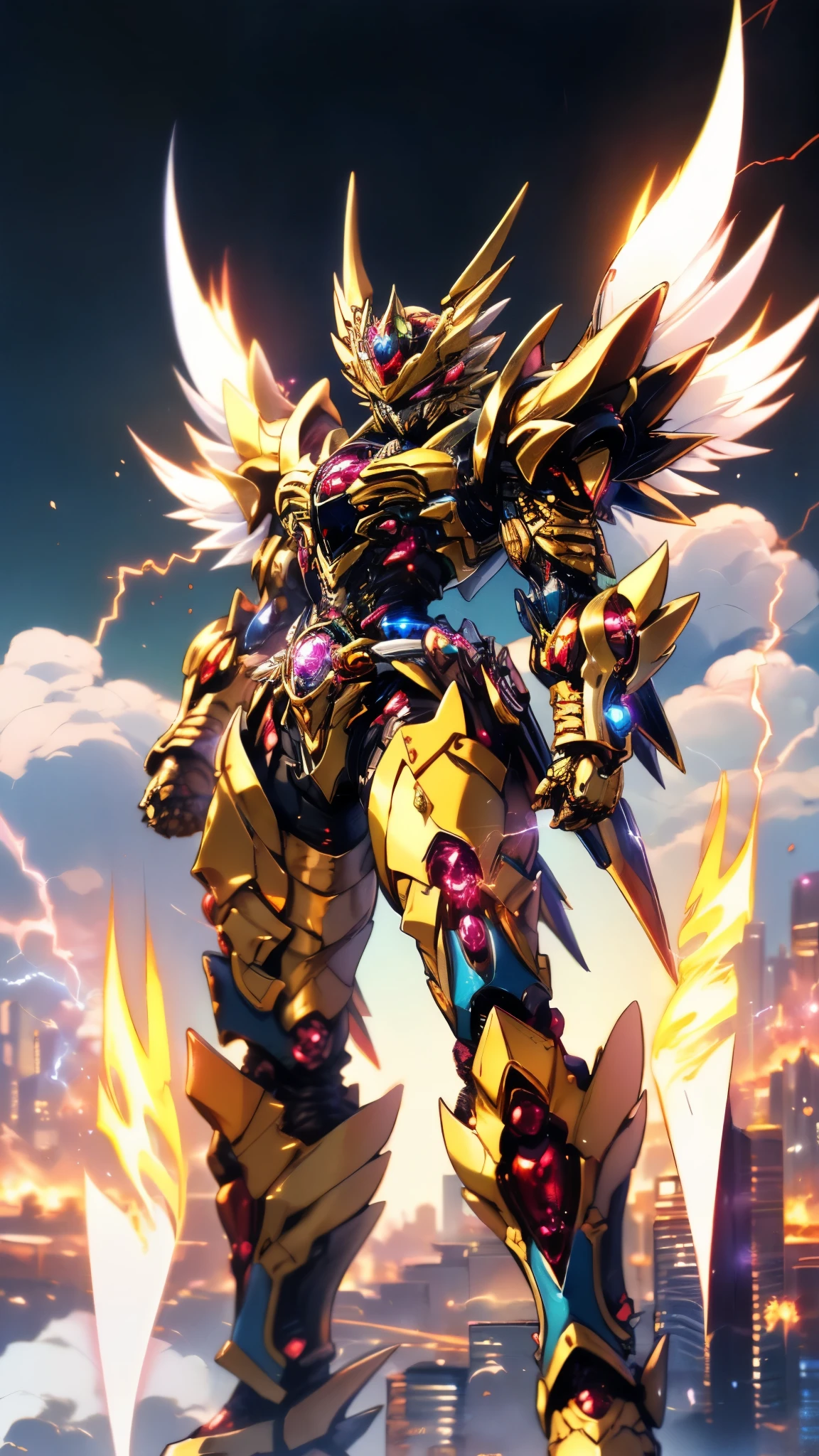 A woman adorned in fantasy-style full-body armor, a crown-concept fully enclosed helmet that unveils only her eyes, a composite layered chest plate, fully encompassing shoulder and hand guards, a lightweight waist armor, form-fitting shin guards, the overall design is heavy-duty yet flexible, ((the armor gleams with a golden glow, complemented by red and blue accents)), exhibiting a noble aura, she floats above a fantasy-surreal high-tech city, this character embodies a finely crafted fantasy-surreal style armored hero in anime style, exquisite and mature manga art style, (Queen bee mixed with Spider concept Armor, plasma, blood), ((Element, energy, elegant, goddess, femminine:1.5)), metallic, high definition, best quality, highres, ultra-detailed, ultra-fine painting, extremely delicate, professional, anatomically correct, symmetrical face, extremely detailed eyes and face, high quality eyes, creativity, RAW photo, UHD, 32k, Natural light, cinematic lighting, masterpiece-anatomy-perfect, masterpiece:1.5