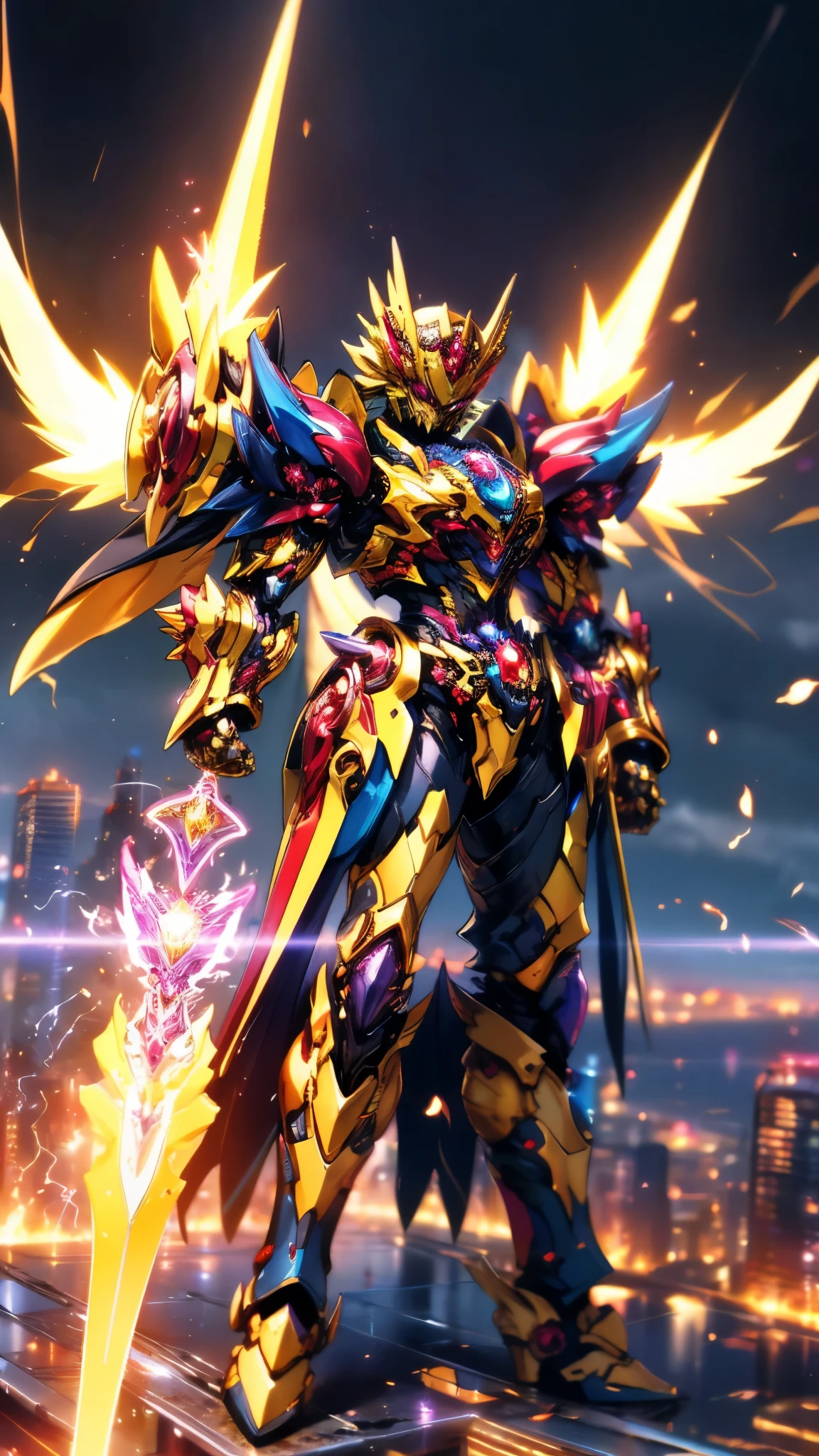 A woman adorned in fantasy-style full-body armor, a crown-concept fully enclosed helmet that unveils only her eyes, a composite layered chest plate, fully encompassing shoulder and hand guards, a lightweight waist armor, form-fitting shin guards, the overall design is heavy-duty yet flexible, ((the armor gleams with a golden glow, complemented by red and blue accents)), exhibiting a noble aura, she floats above a fantasy-surreal high-tech city, this character embodies a finely crafted fantasy-surreal style armored hero in anime style, exquisite and mature manga art style, (Queen bee mixed with Spider concept Armor, plasma, blood), ((Element, energy, elegant, goddess, femminine:1.5)), metallic, high definition, best quality, highres, ultra-detailed, ultra-fine painting, extremely delicate, professional, anatomically correct, symmetrical face, extremely detailed eyes and face, high quality eyes, creativity, RAW photo, UHD, 32k, Natural light, cinematic lighting, masterpiece-anatomy-perfect, masterpiece:1.5