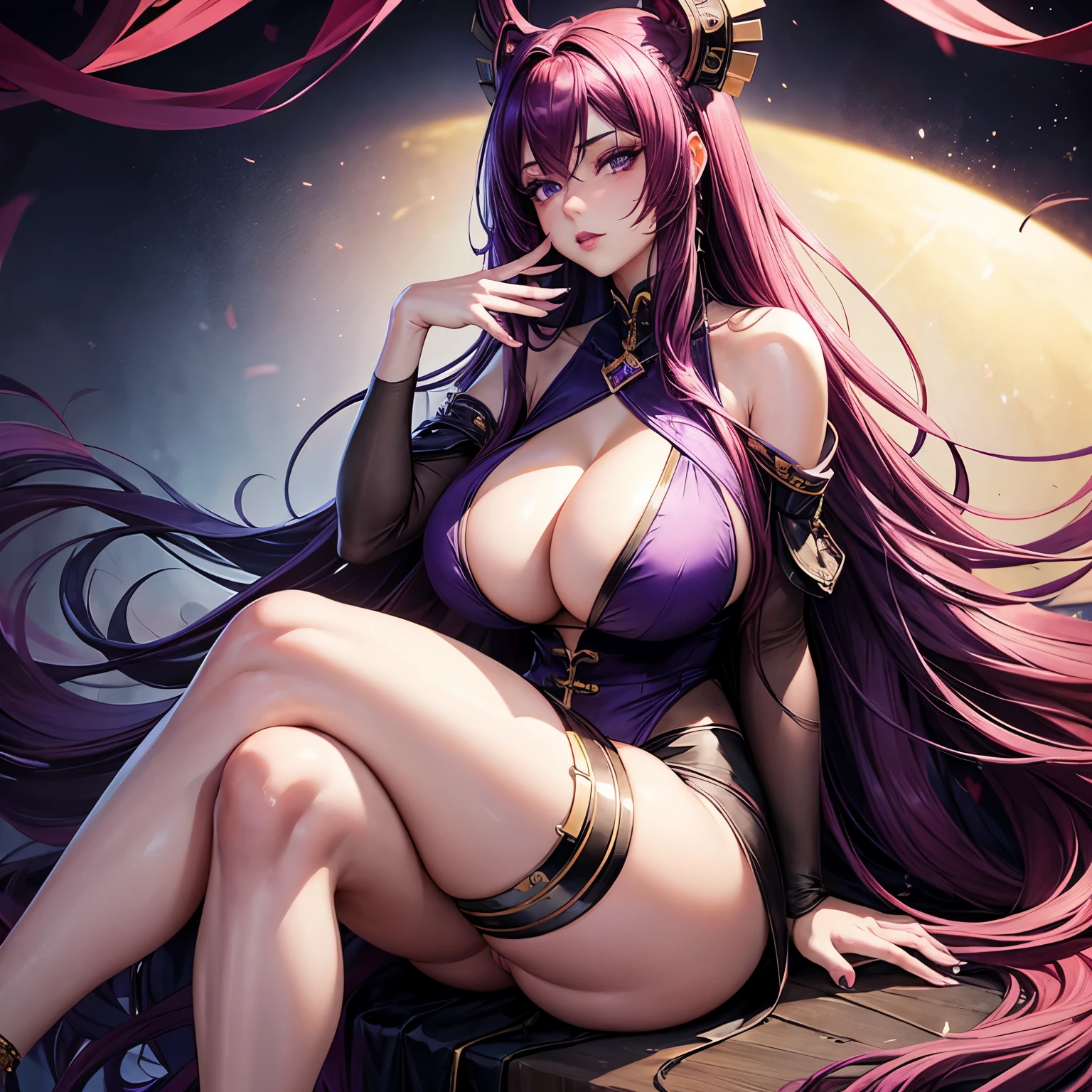 1 girl, red-purple hair, very long hair, violet eyes, beautiful eyes, big eyes, big lips, glossy lips, very curvy body, big breasts, long legs, big butt, wide hips, thick thights, defined image, seductive gaze, legs crossed