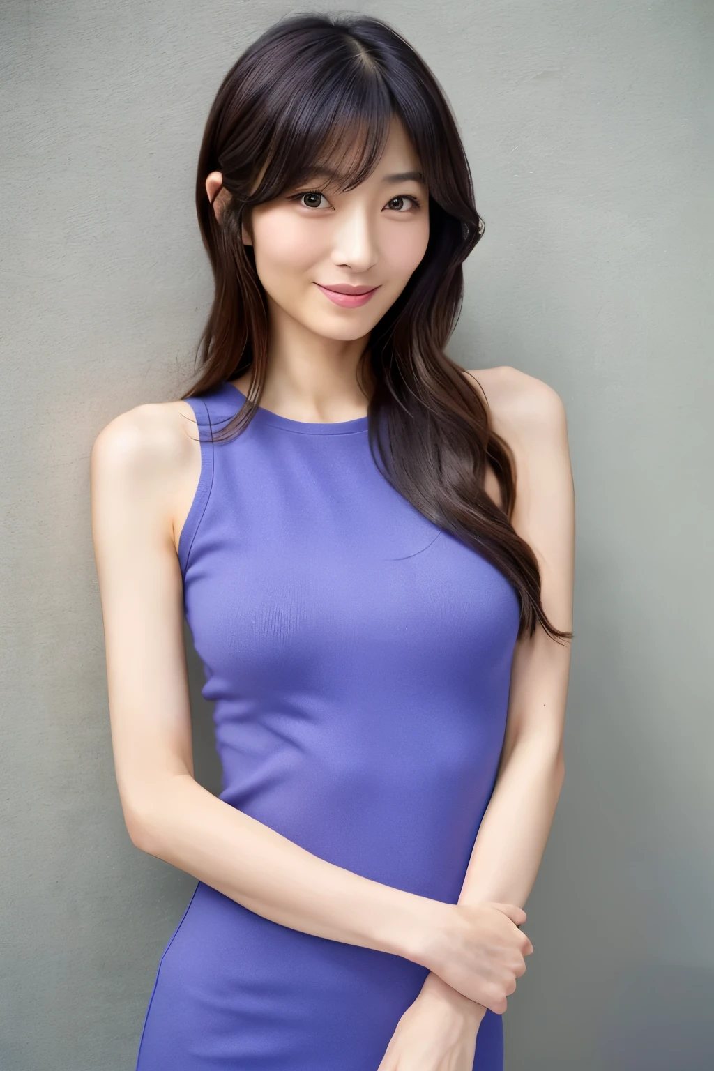 top-quality, 8K-Picture, Skinny Japanese lady in Perfect Style, small breasts, very thin waist, Slim abs, (:1.4), cute eyes, Double eyelids, long wavy hair, Very delicately drawn face, tight knit dress, (photogravure idols:1.4), Subtle smile or shyness, 