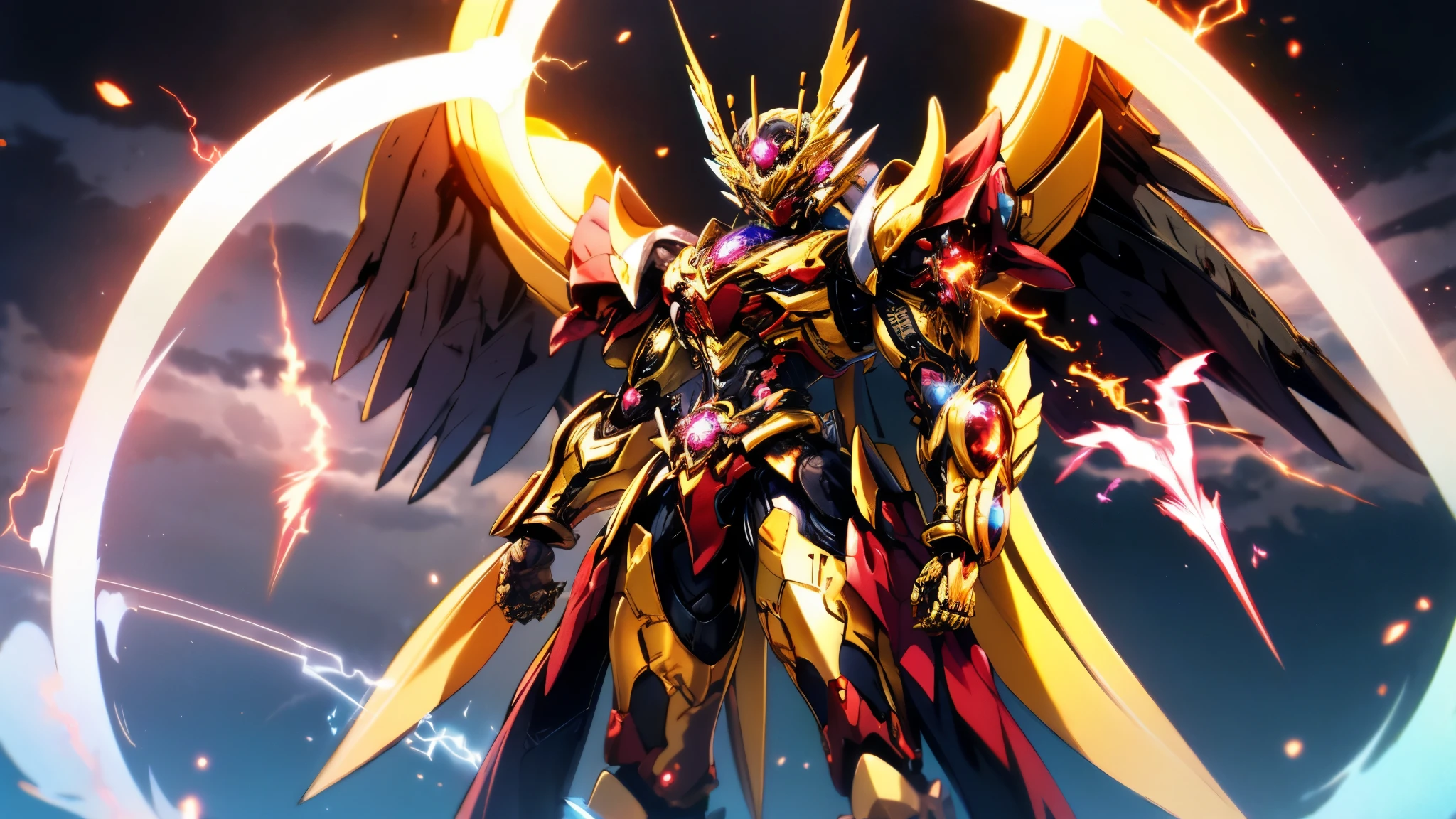 A woman adorned in fantasy-style full-body armor, a crown-concept fully enclosed helmet that unveils only her eyes, a composite layered chest plate, fully encompassing shoulder and hand guards, a lightweight waist armor, form-fitting shin guards, the overall design is heavy-duty yet flexible, ((the armor gleams with a golden glow, complemented by red and blue accents)), exhibiting a noble aura, she floats above a fantasy-surreal high-tech city, this character embodies a finely crafted fantasy-surreal style armored hero in anime style, exquisite and mature manga art style, (Queen bee mixed with Spider concept Armor, plasma, blood), ((Element, energy, elegant, goddess, femminine:1.5)), metallic, high definition, best quality, highres, ultra-detailed, ultra-fine painting, extremely delicate, professional, anatomically correct, symmetrical face, extremely detailed eyes and face, high quality eyes, creativity, RAW photo, UHD, 32k, Natural light, cinematic lighting, masterpiece-anatomy-perfect, masterpiece:1.5