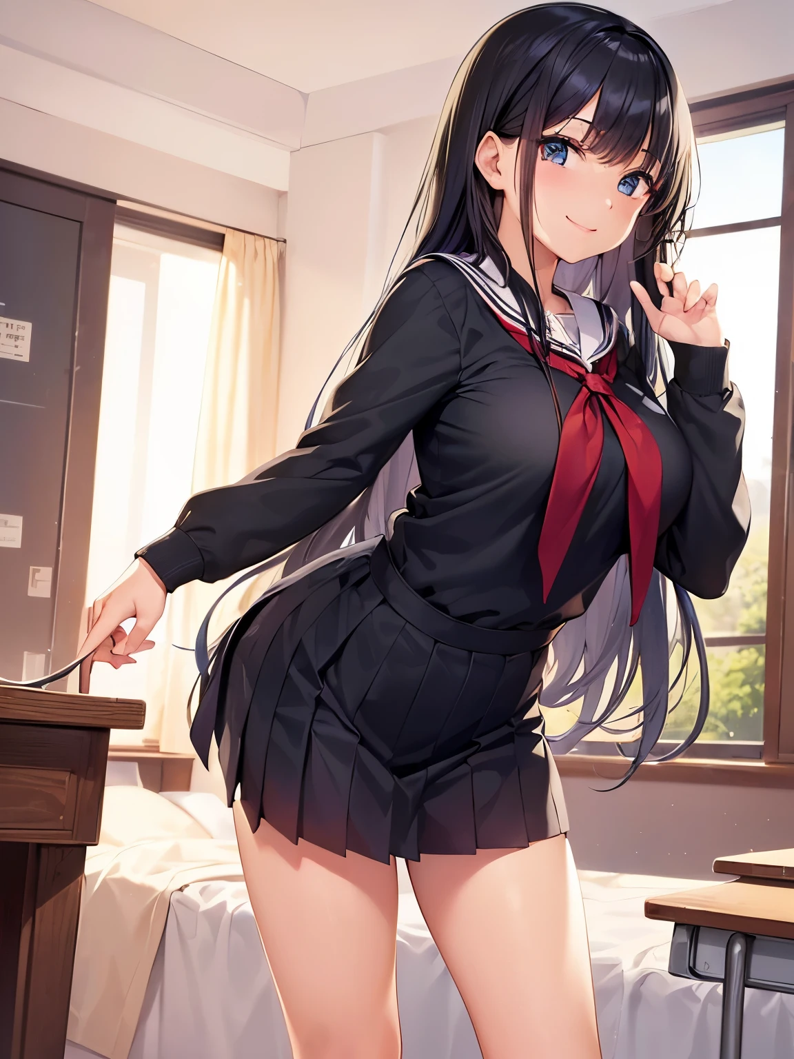 (masterpiece, best quality,ultra-detailed),nsfw,(cute and beautiful girl),sailor school uniform,navy blue pleated skirt,(skirt lift:1.4),BREAK,(white panties),(panty shot),BREAK,black hair,stand,cowboy shot,from below,shy smile