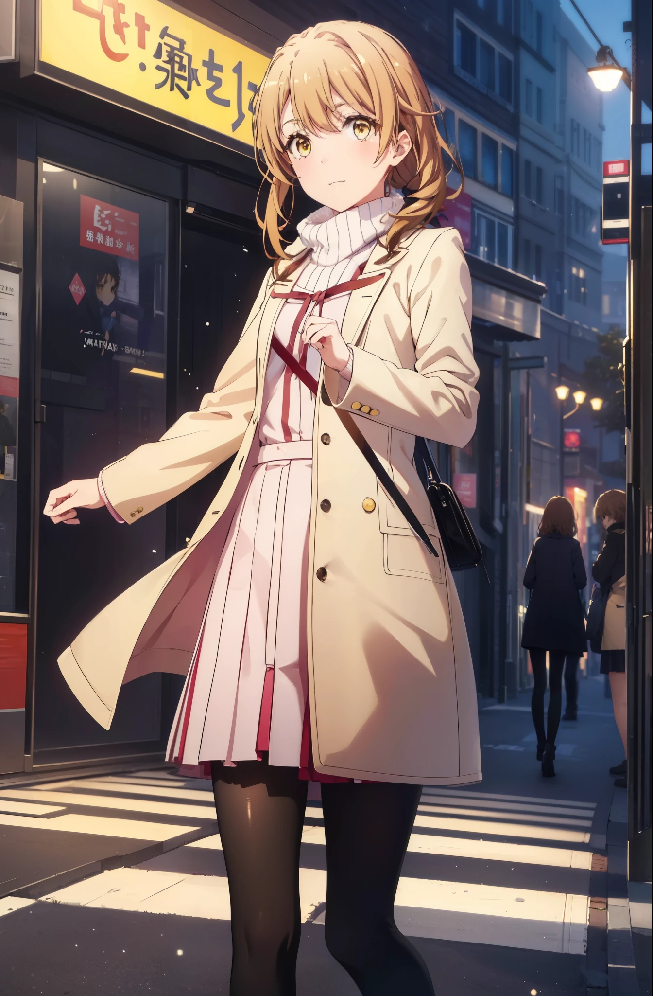 irohaisshiki, iroha isshiki, long hair, short braided hair,ponytail,brown hair, (brown eyes:1.5), smile,Yellow muffler,Pink long coat,white sweater,black long skirt,black pantyhose,short boots,morning日,morning,campus life,On the way to school,winter,cold sky,It's snowing,
break outdoors, In town,ビル街
break looking at viewer,
break (masterpiece:1.2), highest quality, High resolution, unity 8k wallpaper, (shape:0.8), (fine and beautiful eyes:1.6), highly detailed face, perfect lighting, Very detailed CG, (perfect hands, perfect anatomy),