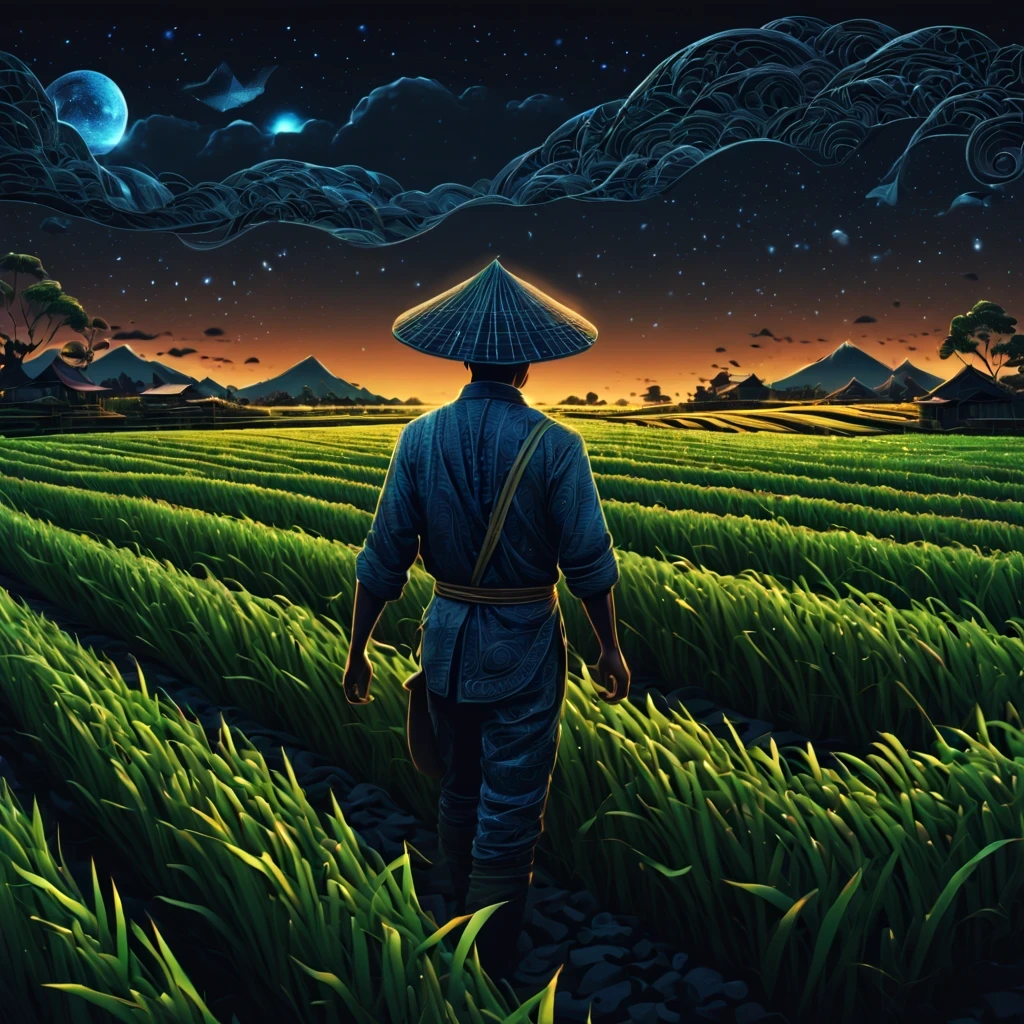 (best quality, highres, ultra sharp), magical rice field , about the curvature of space time, (rice field worker), in a dark night, art deco, zentangle, 3d crunch, cinematic