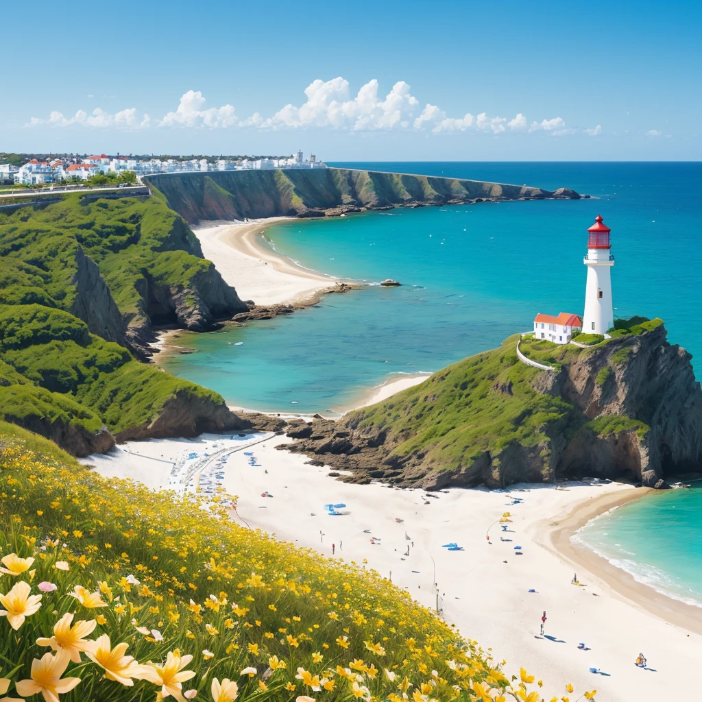 The beach with its blooming Hamanas flowers, the summer sun, the clear blue sky, and the lighthouse in the distance,