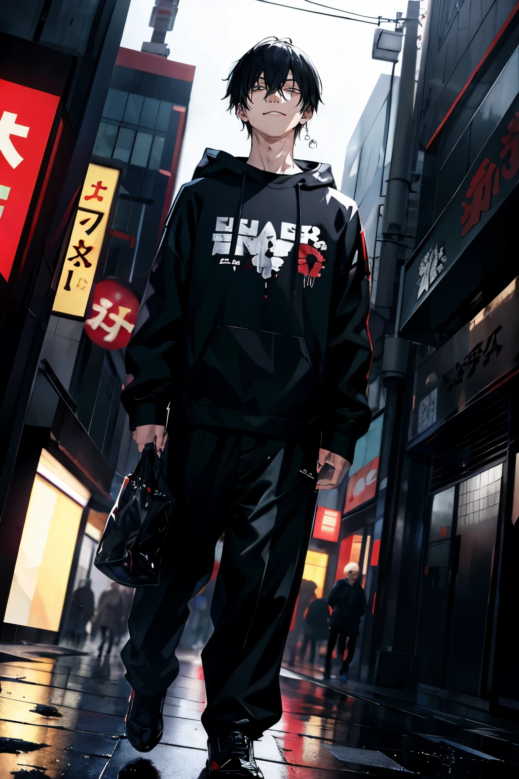 Walking out of the bomb pile, kk, best quality, more details, masterpiece, 1boy, kaneki ken, portrait, male focus, yelow eyes, black hair, solo, bangs, looking at viewer, Black shirt, short hair, rain, tokyo tokyo \(city\), hood up, nail polish, white hair, luxurious, 8k, detailed, ray tracing, depth of field, cinematic lighting, ((Bust up,Face looking down,low angles,Looking at the camera))