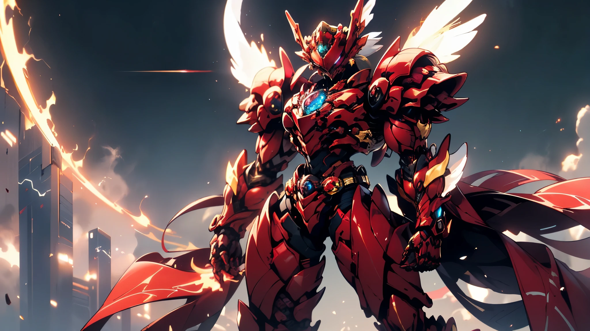 A woman adorned in fantasy-style full-body armor, a crown-concept fully enclosed helmet that unveils only her eyes, a composite layered chest plate, fully encompassing shoulder and hand guards, a lightweight waist armor, form-fitting shin guards, the overall design is heavy-duty yet flexible, ((the armor gleams with a golden glow, complemented by red and blue accents)), exhibiting a noble aura, she floats above a fantasy-surreal high-tech city, this character embodies a finely crafted fantasy-surreal style armored hero in anime style, exquisite and mature manga art style, (Queen bee mixed with Spider concept Armor, plasma, blood), ((Element, energy, elegant, goddess, femminine:1.5)), metallic, high definition, best quality, highres, ultra-detailed, ultra-fine painting, extremely delicate, professional, anatomically correct, symmetrical face, extremely detailed eyes and face, high quality eyes, creativity, RAW photo, UHD, 32k, Natural light, cinematic lighting, masterpiece-anatomy-perfect, masterpiece:1.5
