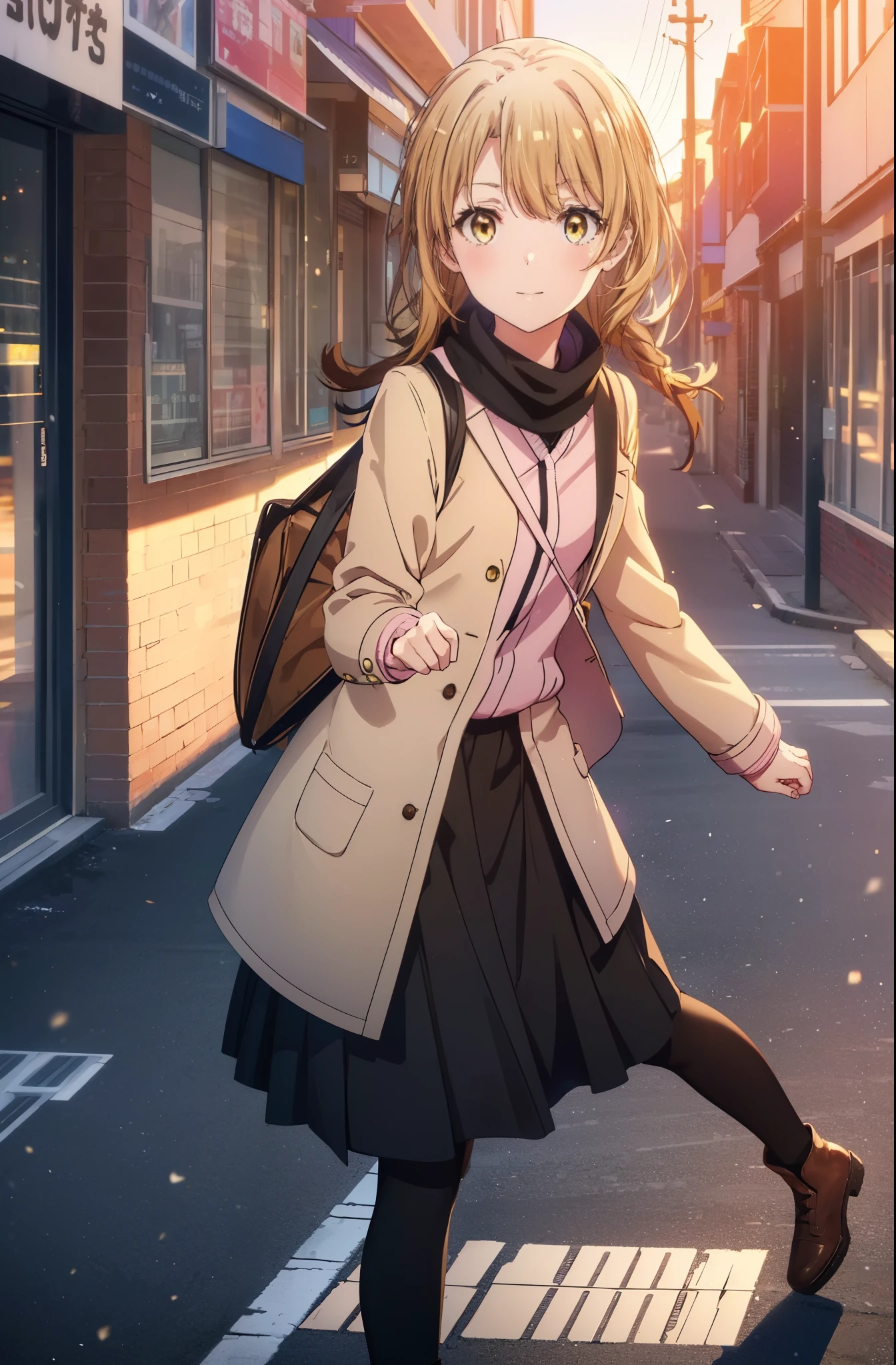 irohaisshiki, iroha isshiki, long hair, short braided hair,ponytail,brown hair, (brown eyes:1.5), smile,Yellow muffler,Pink long coat,white sweater,black long skirt,black pantyhose,short boots,morning日,morning,campus life,On the way to school,winter,cold sky,It&#39;s snowing,
break outdoors, In town,ビル街
break looking at viewer,
break (masterpiece:1.2), highest quality, High resolution, unity 8k wallpaper, (shape:0.8), (fine and beautiful eyes:1.6), highly detailed face, perfect lighting, Very detailed CG, (perfect hands, perfect anatomy),