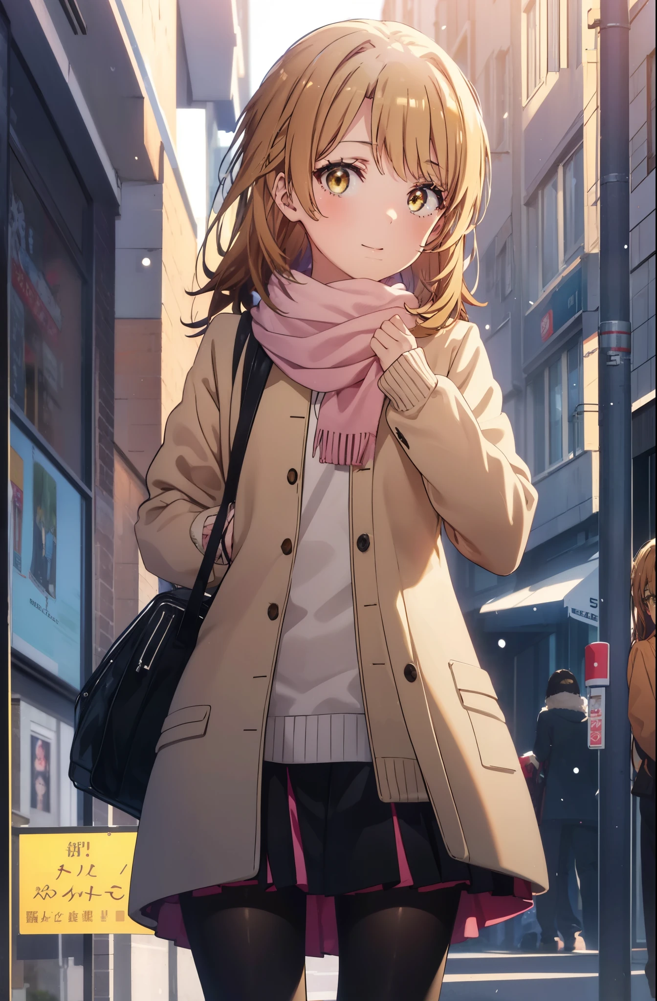 irohaisshiki, iroha isshiki, long hair, short braided hair,ponytail,brown hair, (brown eyes:1.5), smile,Yellow muffler,Pink long coat,white sweater,black long skirt,black pantyhose,short boots,morning日,morning,campus life,On the way to school,winter,cold sky,It&#39;s snowing,
break outdoors, In town,ビル街
break looking at viewer,
break (masterpiece:1.2), highest quality, High resolution, unity 8k wallpaper, (shape:0.8), (fine and beautiful eyes:1.6), highly detailed face, perfect lighting, Very detailed CG, (perfect hands, perfect anatomy),