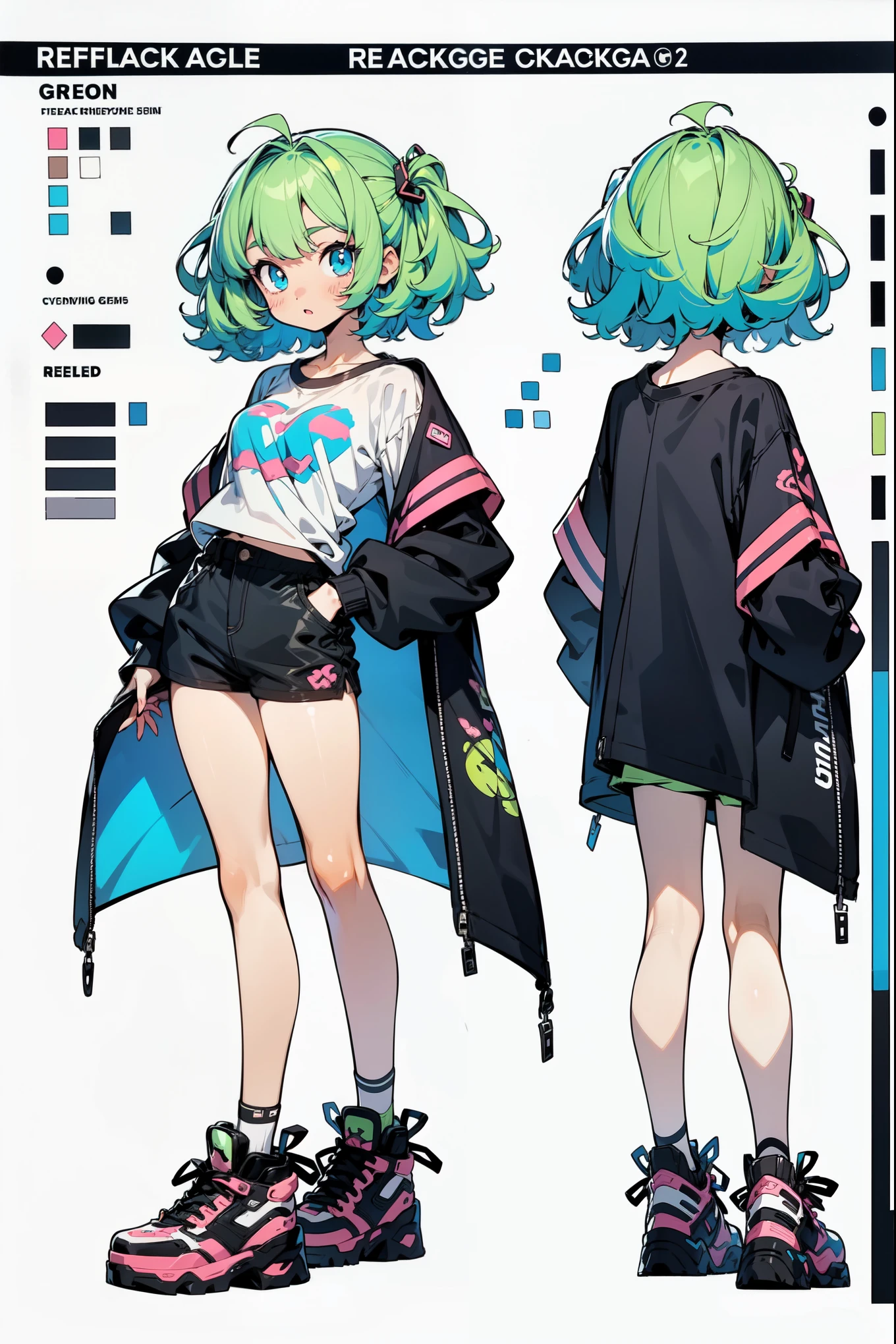 1 Solo girl, anime illustration, refsheet, turnaround, girl, anime styled, character design, 2d, oversized tshirt and shorts, black and gray, light skin, green hair, blue eyeackground