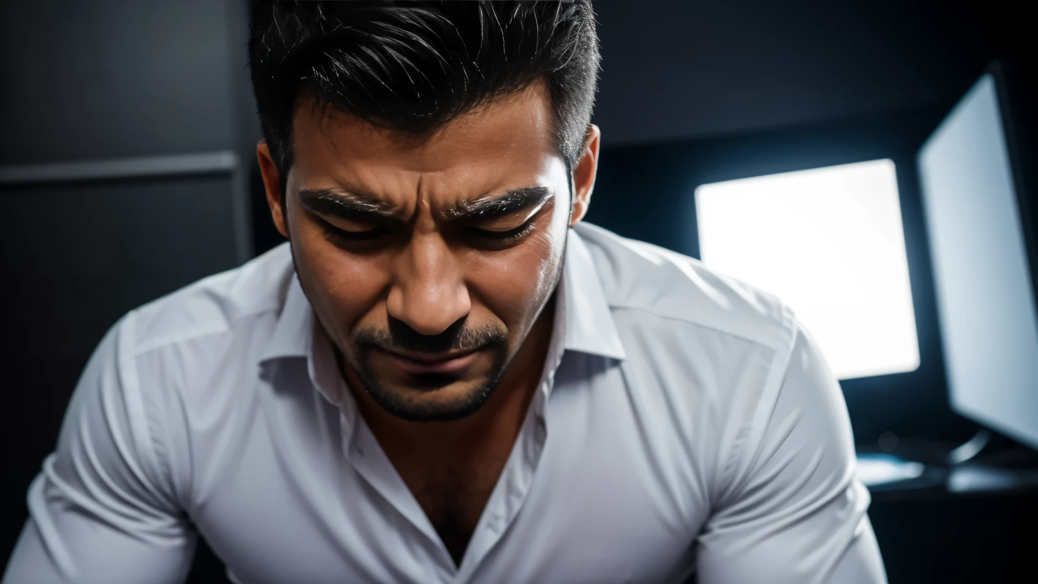 Homem chorando, front view, tears, camisa branca, photographic studio, luz de fundo, high resolution, High definition, 8K