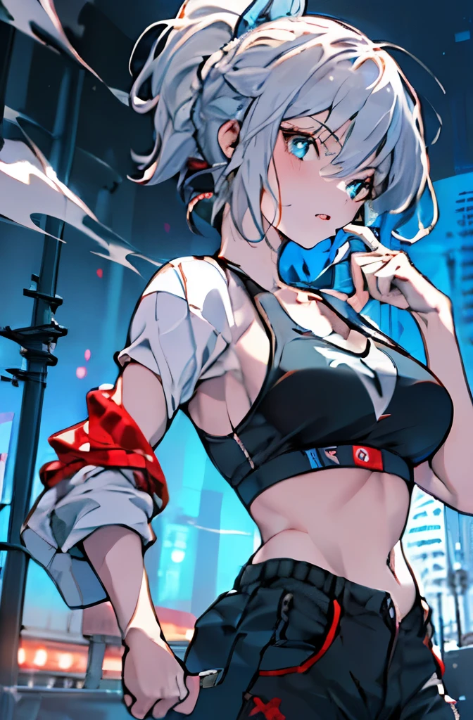 (absurds, great resolution, Hyper detailed), master masterpiece, best quality, beautiful, Fine Eye, Detailed Face, vibrant, Dark lines, swirl, vortex, spark, tomboy, tall, Caucasian, white hair with light blue highlights, huge high ponytail, attitude, baggy black cargo pants, fit, smoke coming off of body, honkai artstyle, hoyoverse, in the middle of a beautiful grey cityscape, slightly chubby, teen, sports bra, aloof, looks with anger and disgust, combat training