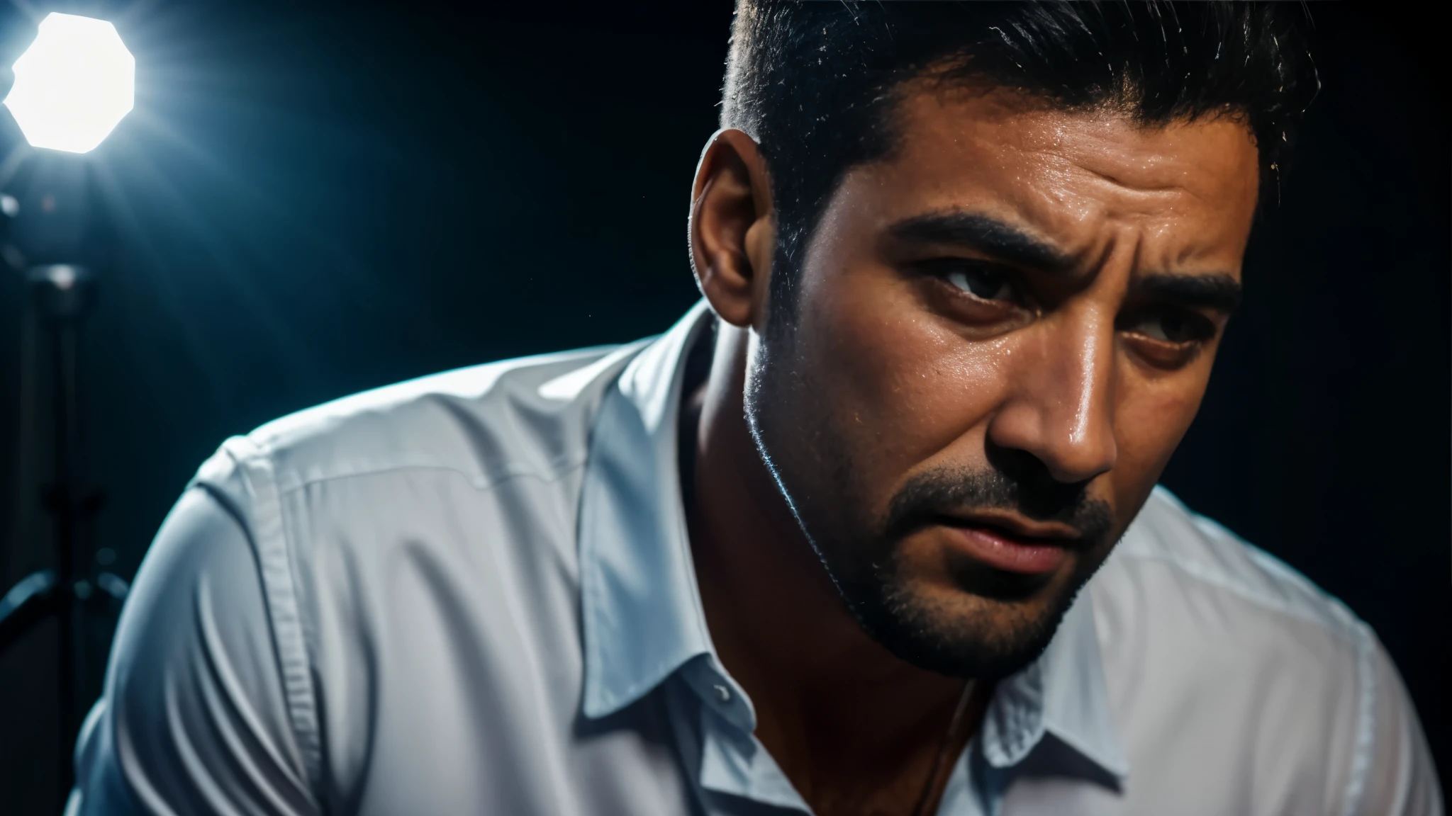 Homem chorando, front view, tears, camisa branca, photographic studio, luz de fundo, high resolution, High definition, 8K