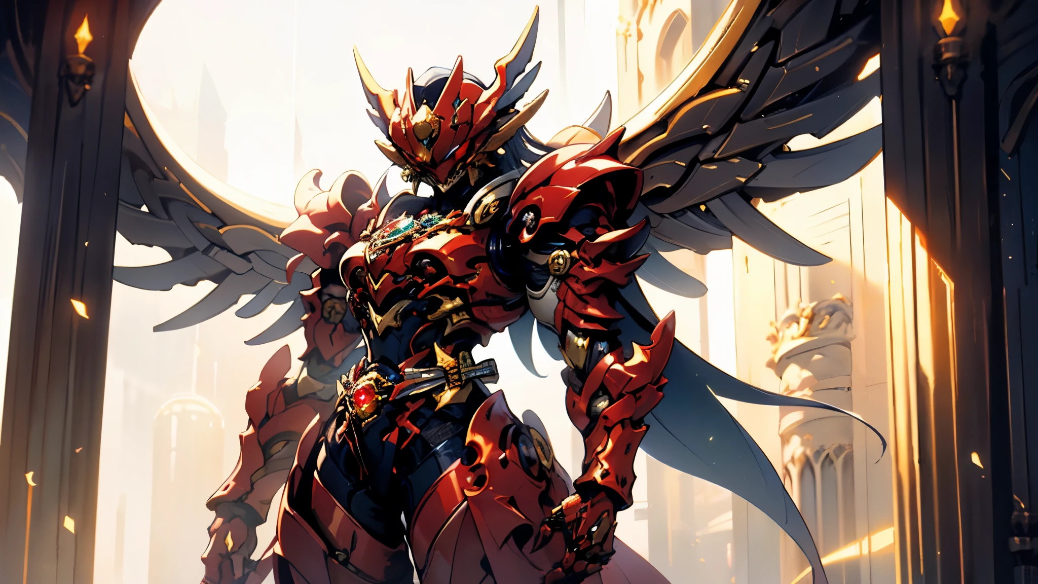 A woman adorned in fantasy-style full-body armor, a crown-concept fully enclosed helmet that unveils only her eyes, a composite layered chest plate, fully encompassing shoulder and hand guards, a lightweight waist armor, form-fitting shin guards, the overall design is heavy-duty yet flexible, ((the armor gleams with a golden glow, complemented by red and blue accents)), exhibiting a noble aura, she floats above a fantasy-surreal high-tech city, this character embodies a finely crafted fantasy-surreal style armored hero in anime style, exquisite and mature manga art style, (Queen bee mixed with Spider concept Armor, plasma, blood), ((Element, energy, elegant, goddess, femminine:1.5)), metallic, high definition, best quality, highres, ultra-detailed, ultra-fine painting, extremely delicate, professional, anatomically correct, symmetrical face, extremely detailed eyes and face, high quality eyes, creativity, RAW photo, UHD, 32k, Natural light, cinematic lighting, masterpiece-anatomy-perfect, masterpiece:1.5