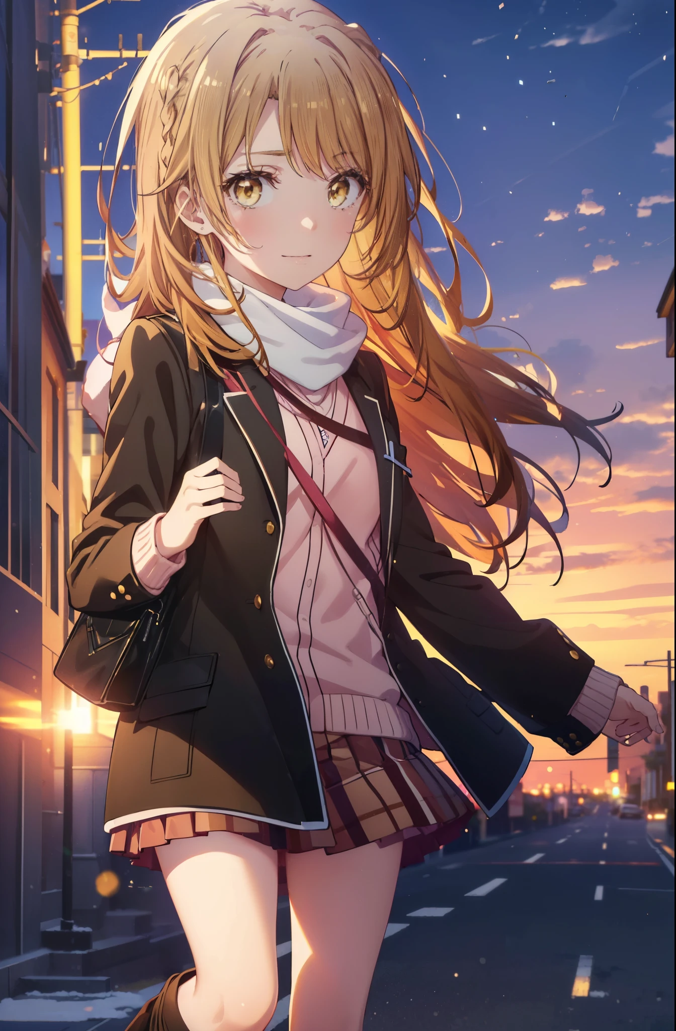 irohaisshiki, iroha isshiki, long hair, short braided hair,ponytail,brown hair, (brown eyes:1.5), smile,Yellow muffler,Pink long coat,white sweater,black long skirt,black pantyhose,short boots,morning日,morning,campus life,On the way to school,winter,cold sky,It&#39;s snowing,
break outdoors, In town,ビル街
break looking at viewer,
break (masterpiece:1.2), highest quality, High resolution, unity 8k wallpaper, (shape:0.8), (fine and beautiful eyes:1.6), highly detailed face, perfect lighting, Very detailed CG, (perfect hands, perfect anatomy),