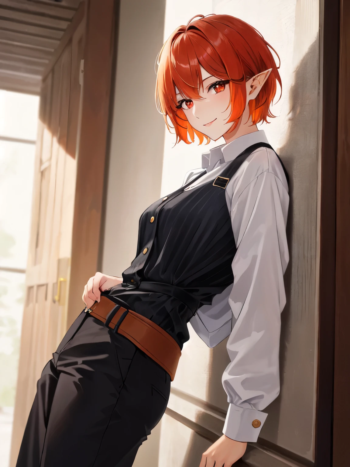 1girl, mature female, solo, pointy ears, pale skin, black hair, orange hair, multicolored hair, very short hair, pixie cut, asymmetrical bangs, red eyes, cat eyes, light smile, tomboy, gentleman outfit, shirt, pants
