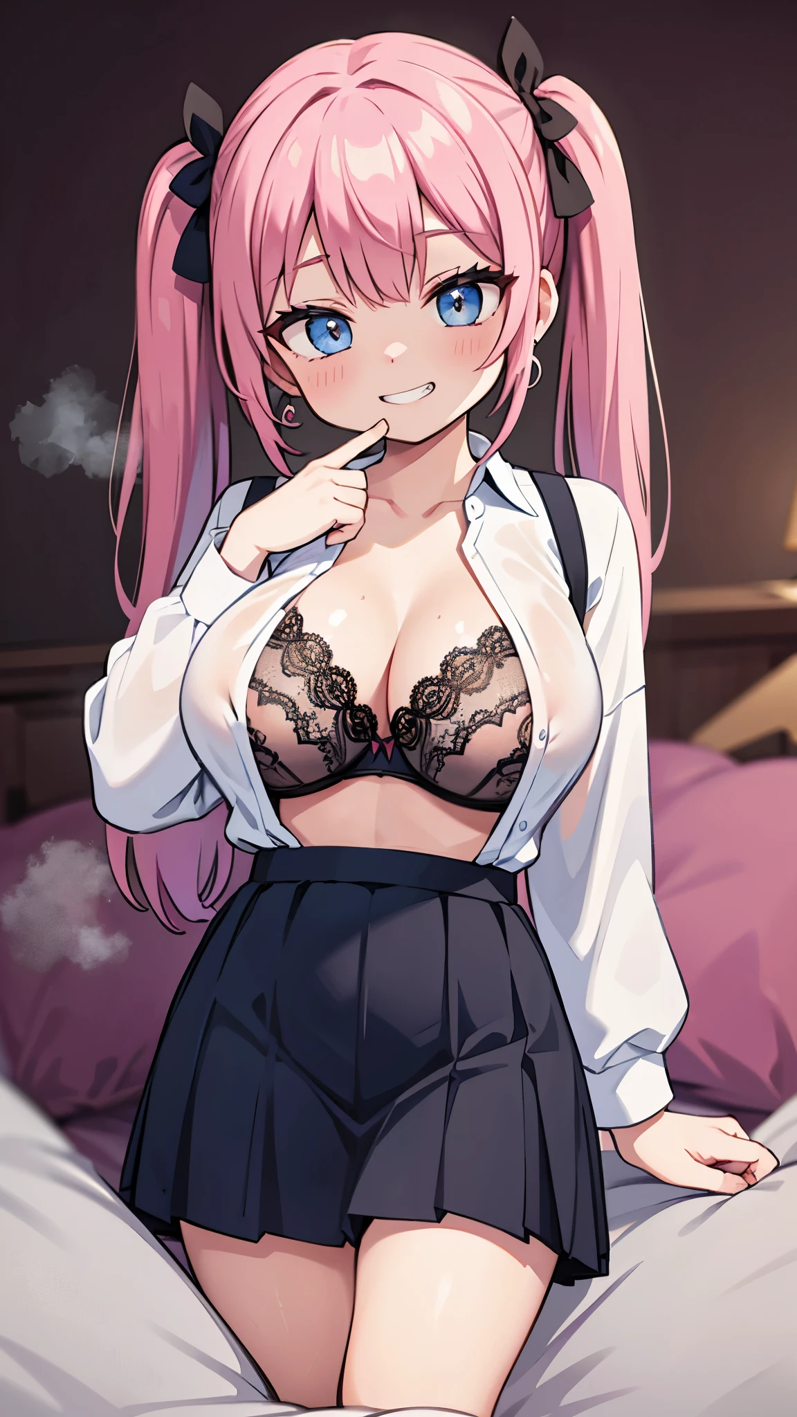 (masterpiece、highest quality、Super detailed)、((1 girl))、((pink hair))、((twin tails))、((light blue eyes))、evil smile、((grin))、steam、earrings、((very big breasts))、((open clothes white shirt))、((black lace bra))、((black pleated skirt))、black socks、((1boy))、((penis:1.2))、((Standing Footjob POV)) 、bedroom background、((nsfw))