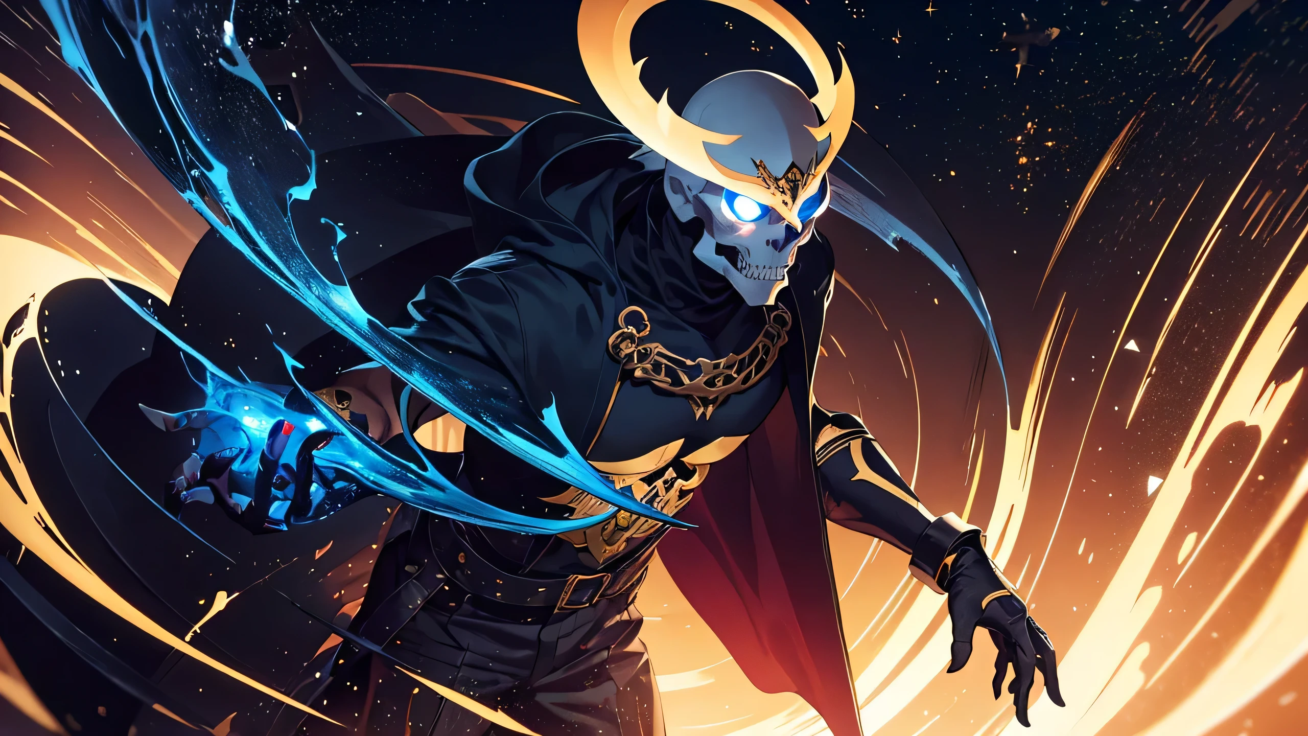 anime guy, bone mouth piece, wearing bone mask, boney mouth, wearing skull, skull on face, black halo, black halo above character, halo, raising arms, arms raised, older guy, mature, 25 years old, badass, holding daggers, assassin, human, hybrid, demon/human hybrid, bones, bones on body, bones on clothes, dark blue aesthetic, gold accent, blue and gold outfit, dark blue, demon skull themed character, human skin, exploded planet in sky, skin peeling off showing bone,