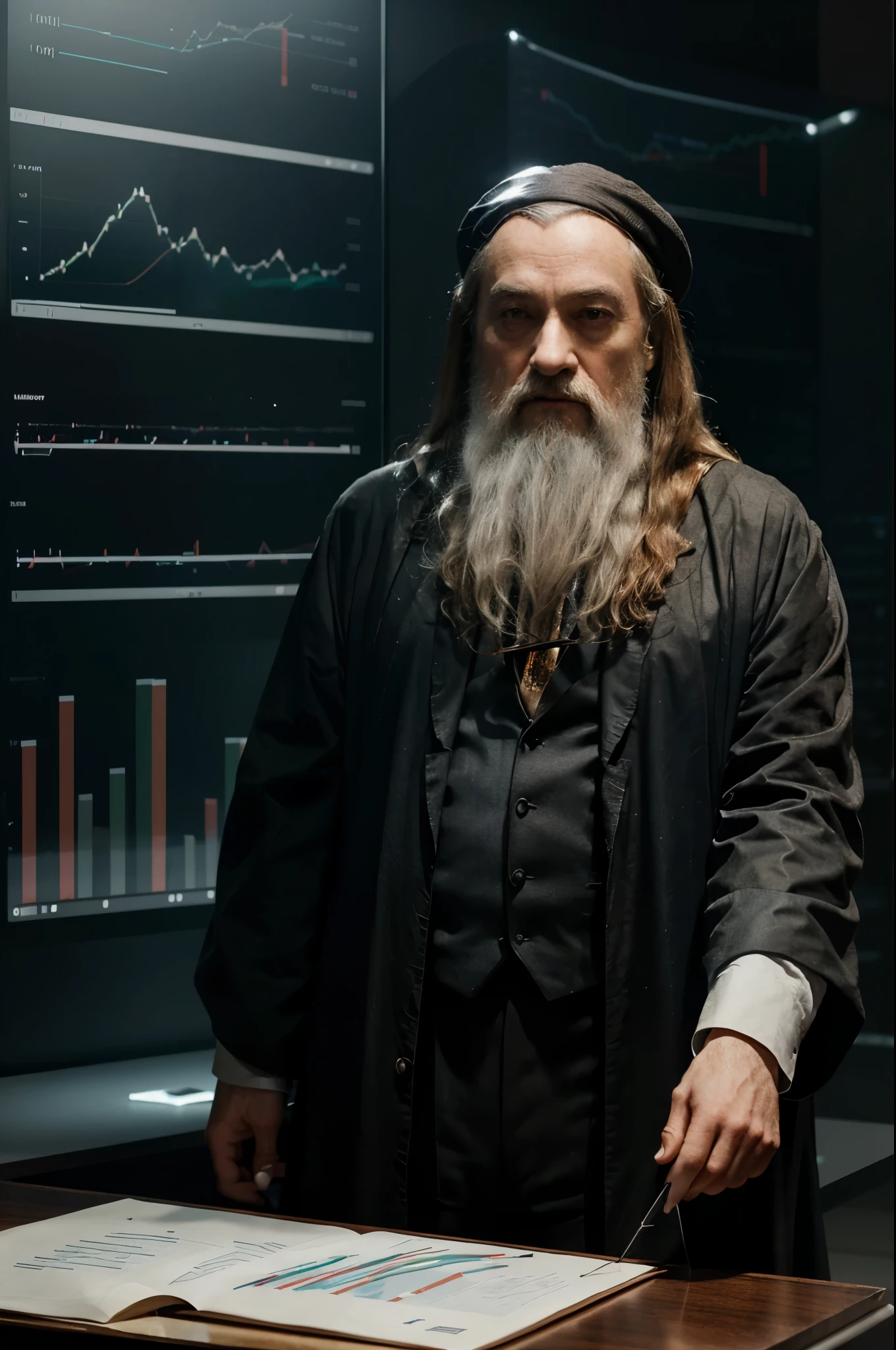 An office desk with computer, Na tela do computador, showing financial charts, ((Albus Dumbledore from Harry Potter Analyzing Graphs on a Screen)),No fundo, an all-glass wall showing the building&#39;s surroundingsbest quality) (4k resolution), Realista, muitos detalhes,