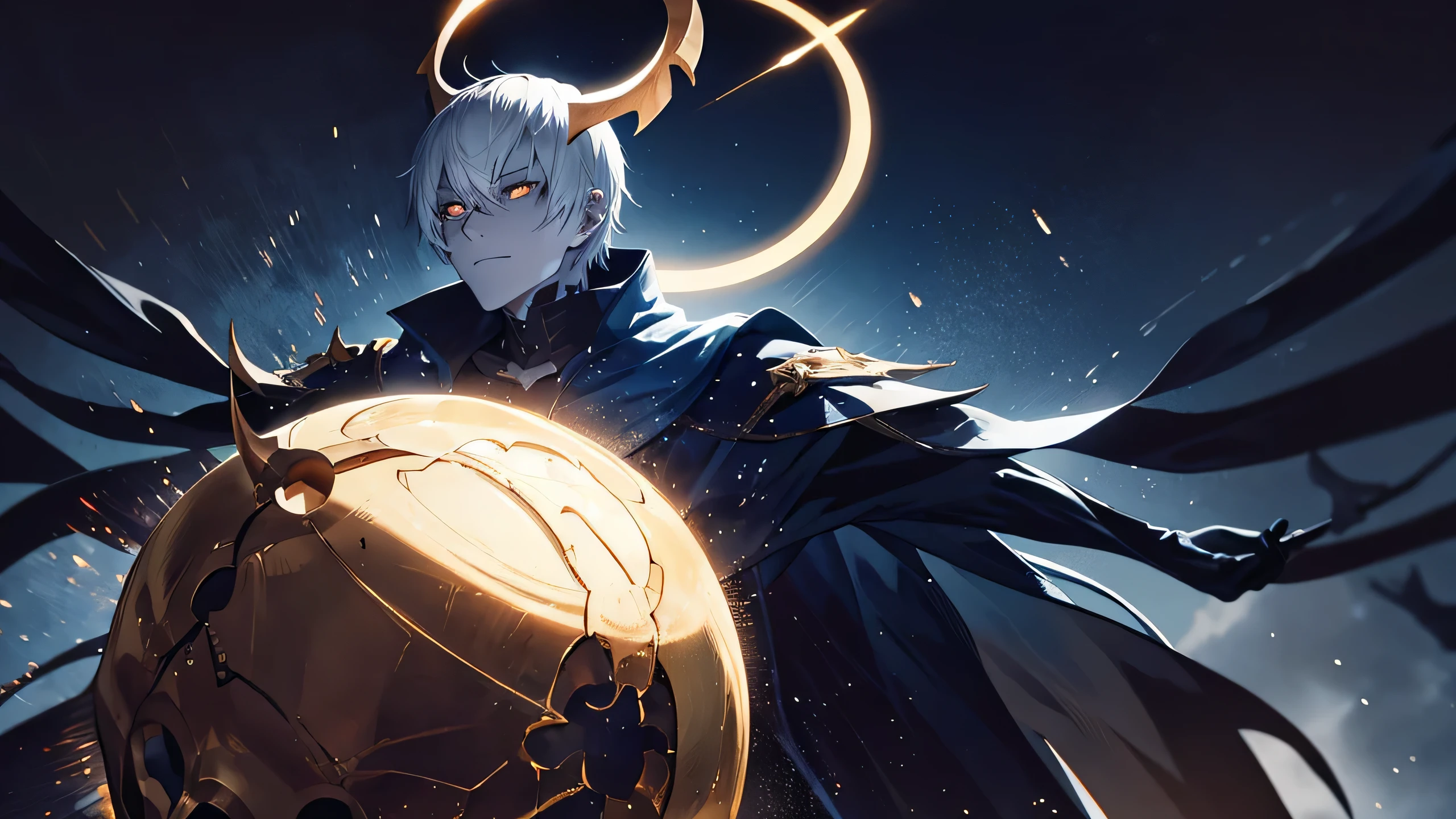 anime guy, bone mouth piece, wearing bone mask, human face, human head, white skin tone, black halo, black halo above character, halo, raising arms, arms raised, older guy, mature, 25 years old, badass, holding daggers, assassin, human, hybrid, demon/human hybrid, bones on attire, bones on clothes, dark blue aesthetic, gold accent, blue and gold outfit, dark blue, demon skull themed character, human skin, exploded planet in sky, skin peeling off showing bone,