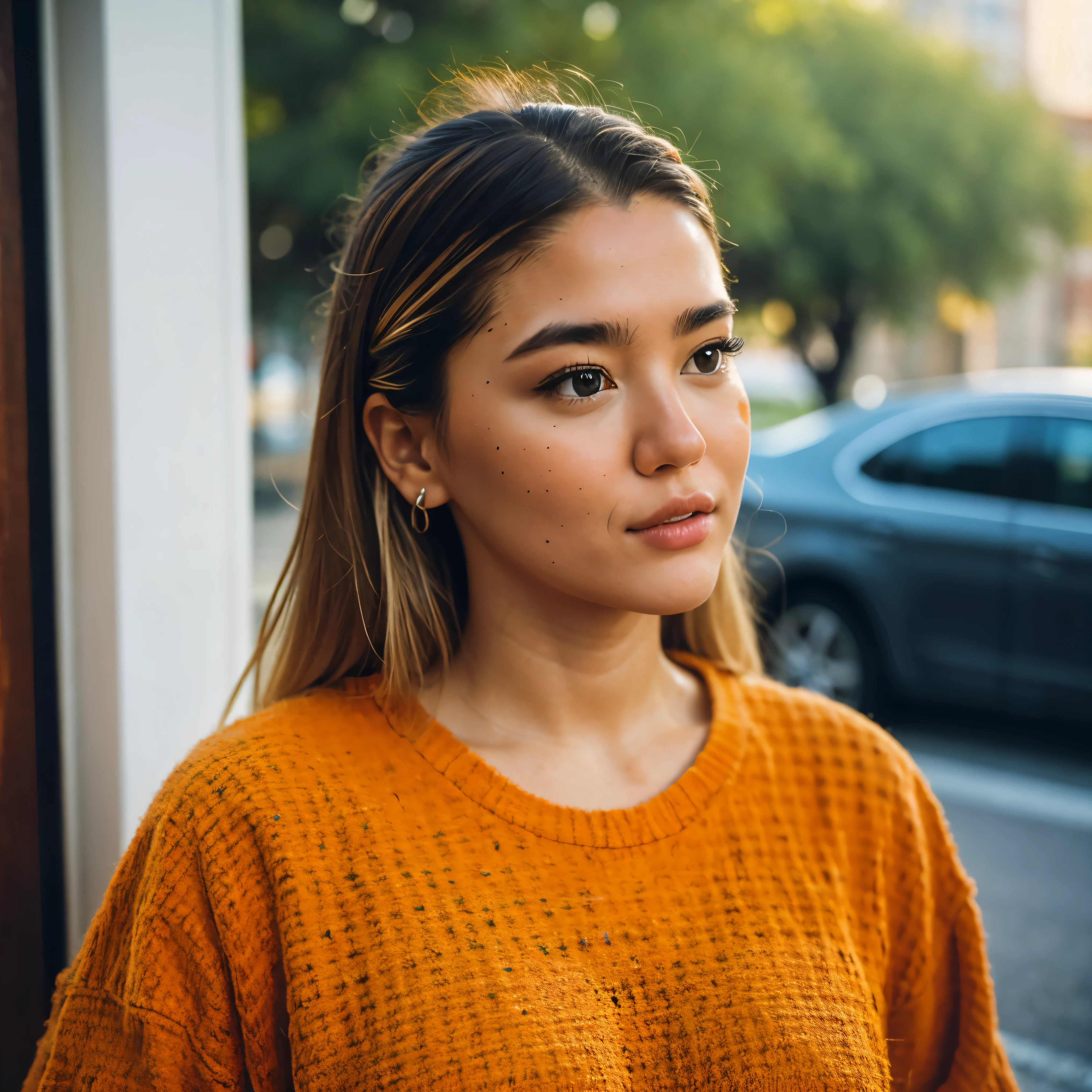 ((realism)), extremely high quality RAW photograph, detailed background, intricate, messy hair, Exquisite details and textures, highly detailed, (wearing orange prison clothes:1.3), Looking away from the camera, ultra detailed photograph, warm lighting, artstation, 4k, sharp focus, high resolution, detailed skin, detailed eyes, 8k uhd, dslr, low harsh lighting, high quality, film grain, Fujifilm XT3, sad:1.3